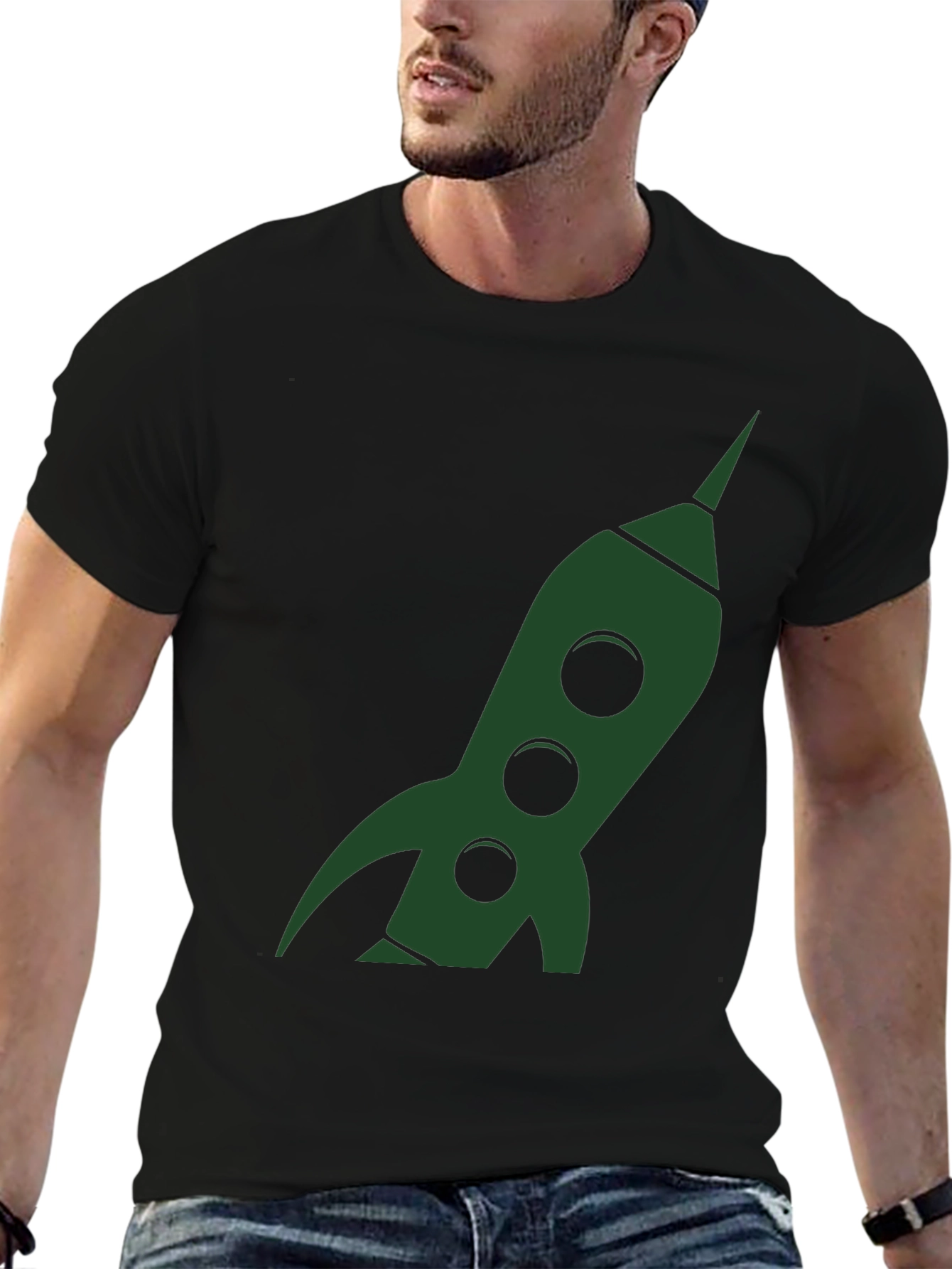 Retro Rocket Graphic Tee - Black Cotton T-Shirt
