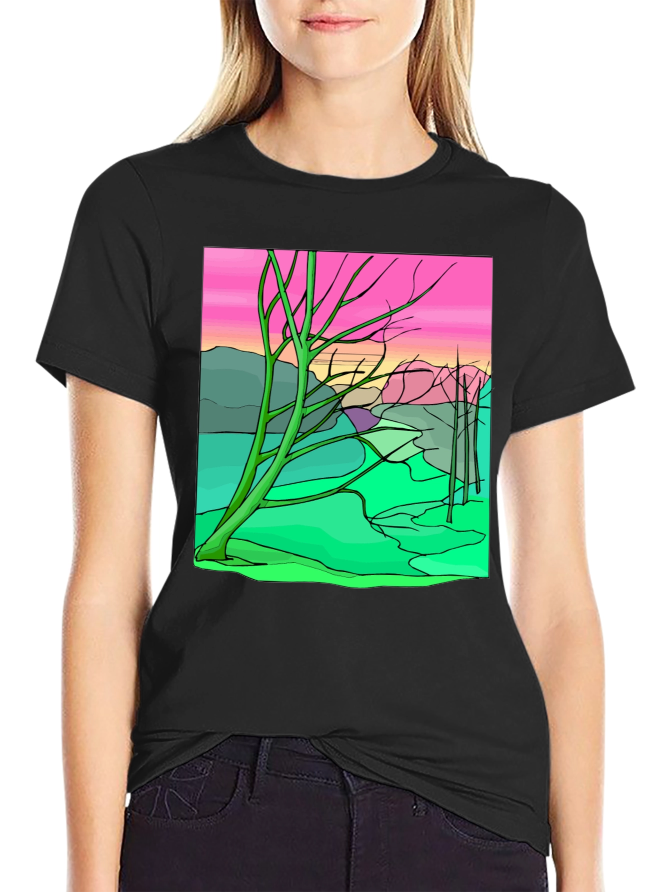 Surreal Landscape Graphic Tee - Black Cotton Comfort