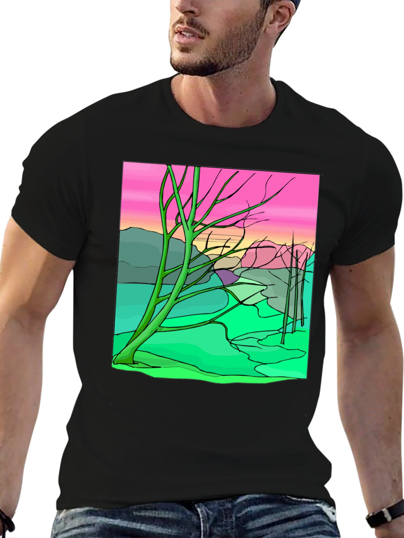 Surreal Landscape Graphic Tee - Black Cotton Comfort