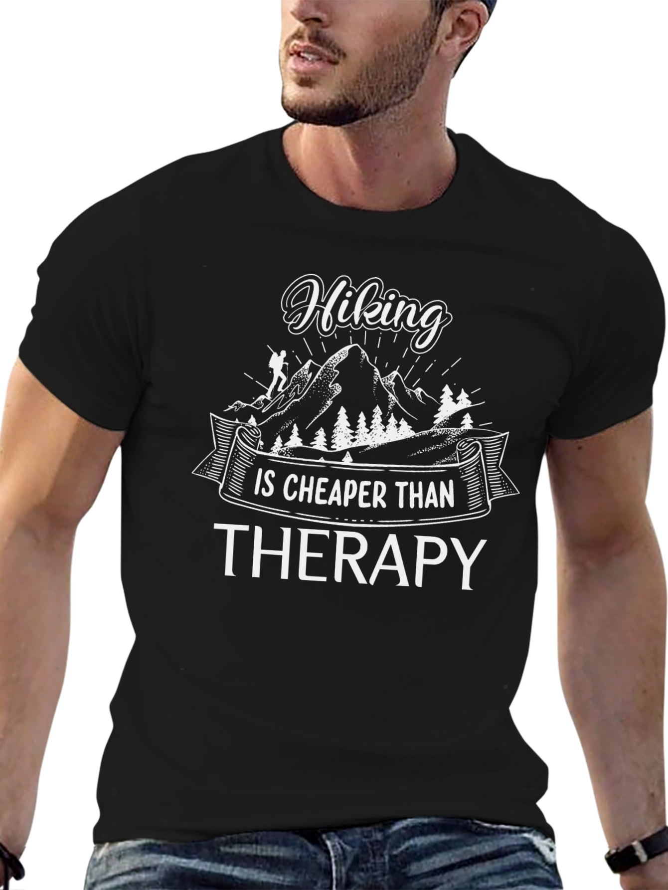 Hiking is Cheaper Than Therapy Black Graphic Tee