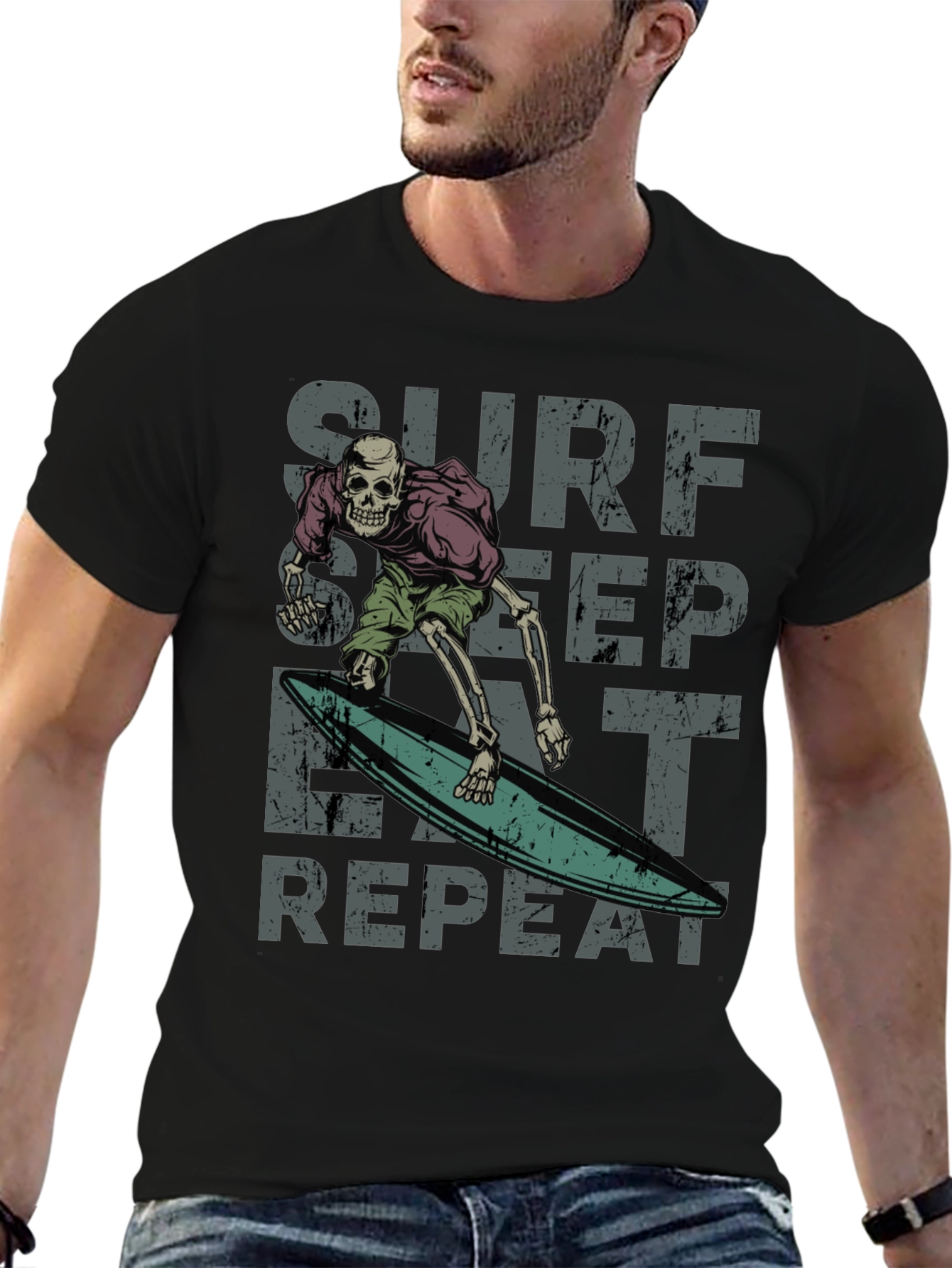 Surf Sleep Eat Repeat Skeleton Graphic Tee