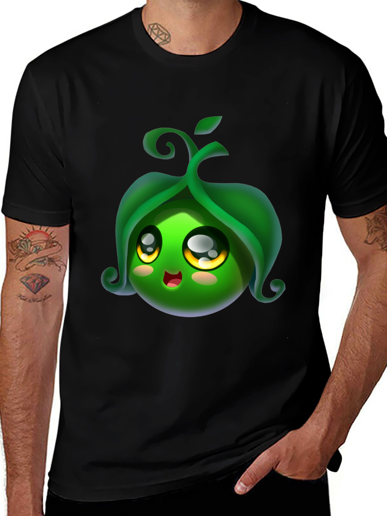 Cute Pea Pod Character Black T-Shirt