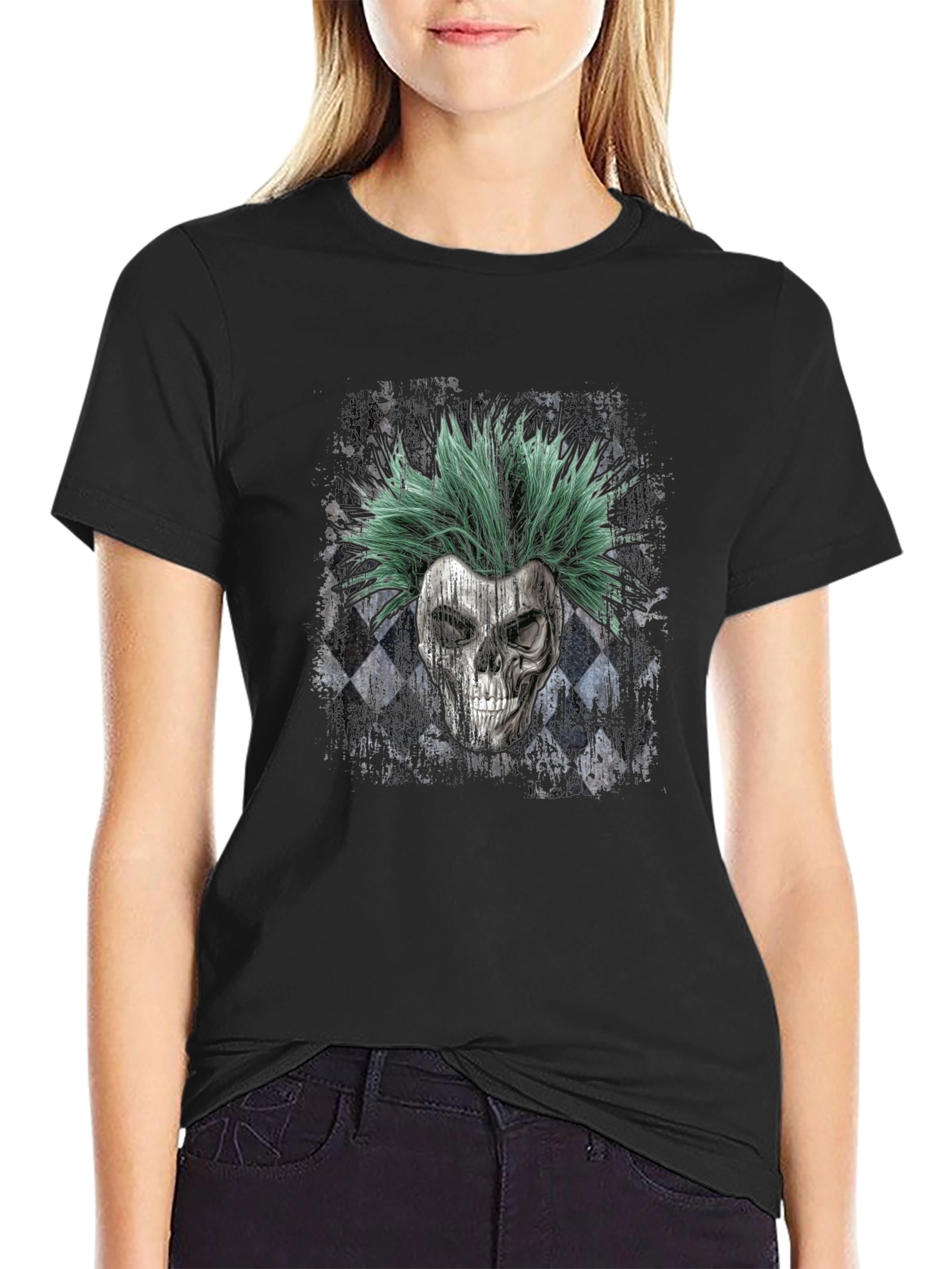Skull Punk Rocker T-Shirt - Green Hair Design