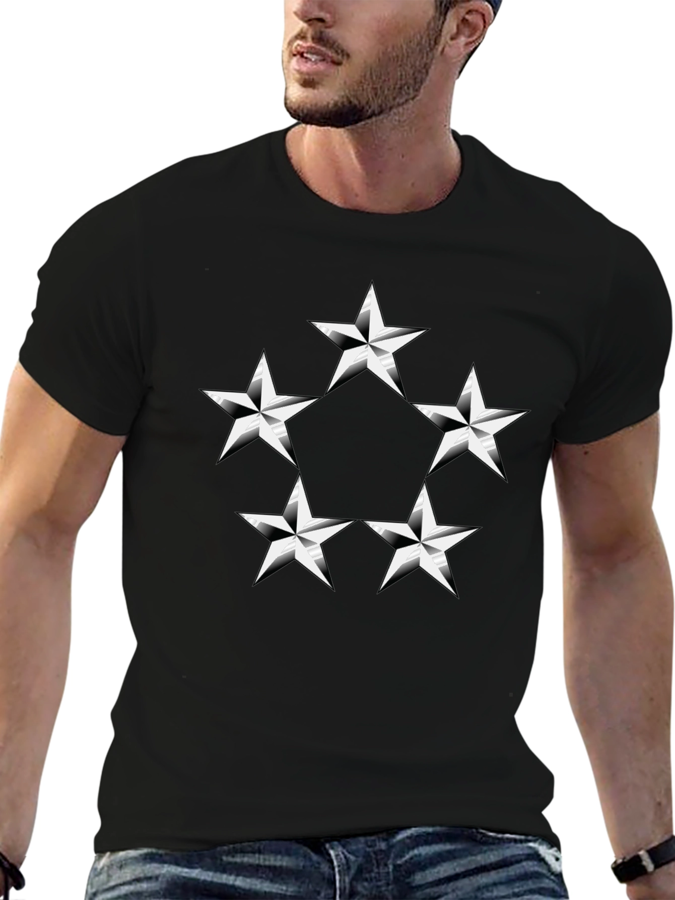 Black T-Shirt with Silver Star Design