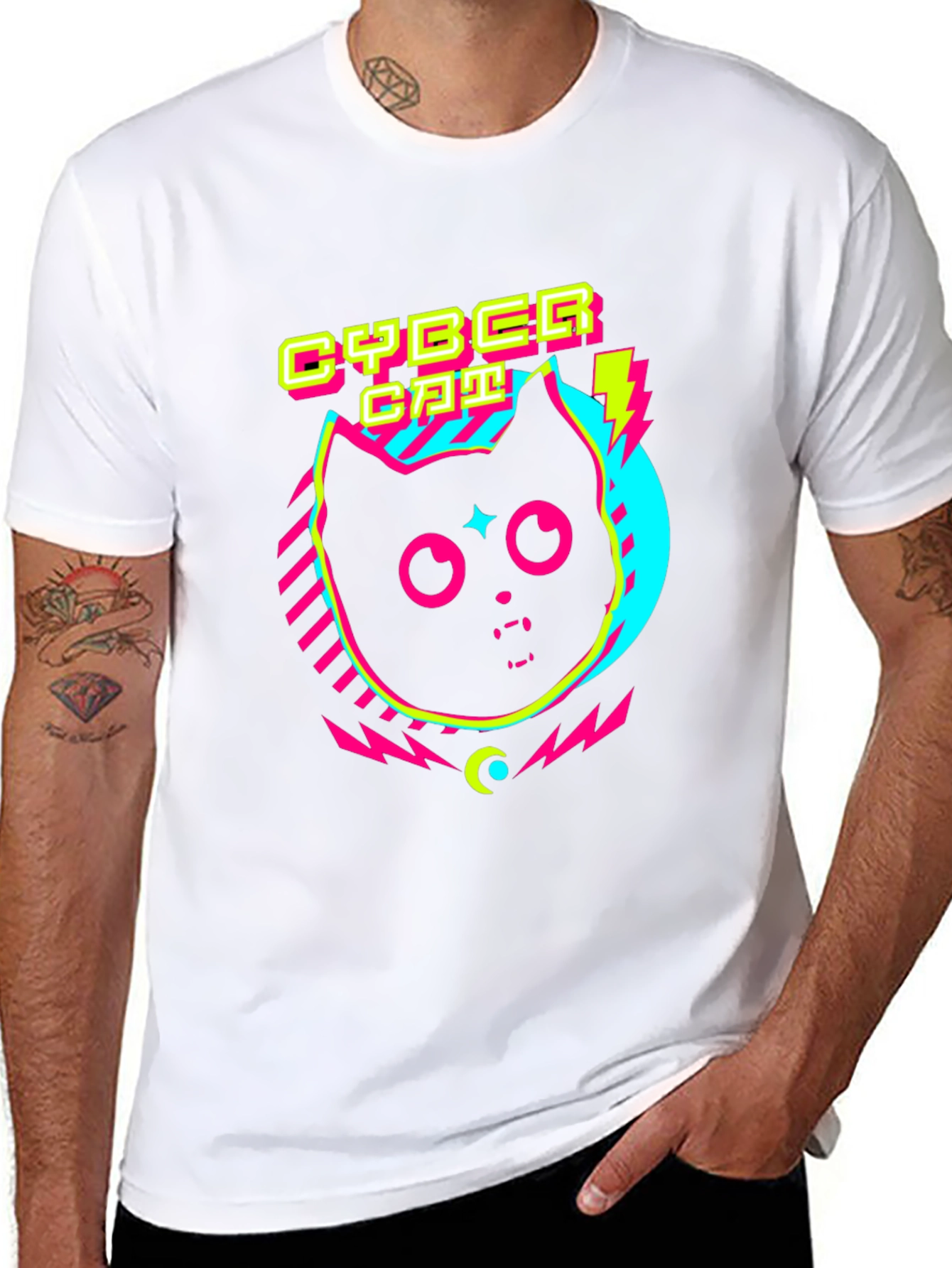 Cyber Cat Graphic T-Shirt - Retro 80s Style