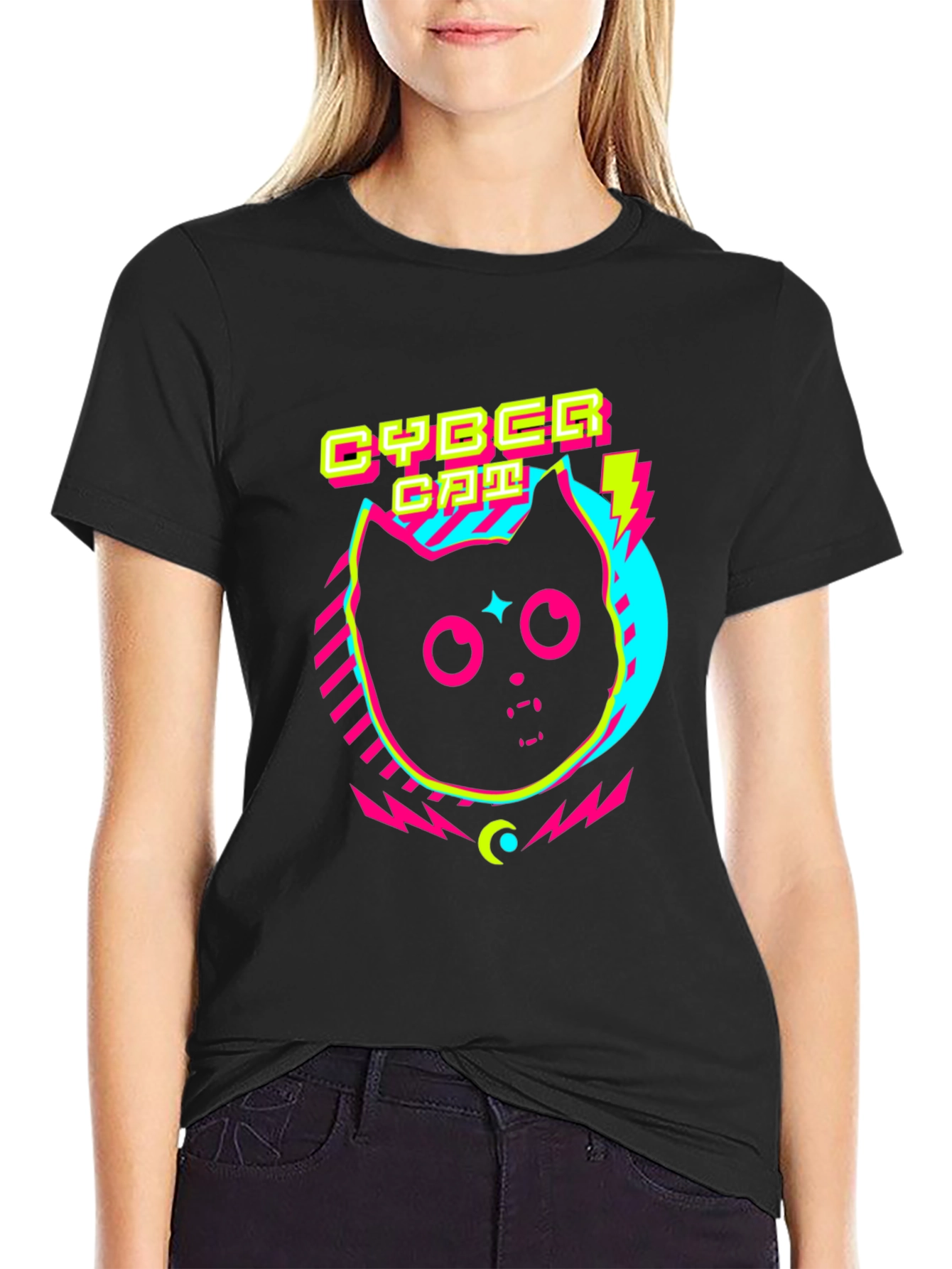 Cyber Cat Graphic T-Shirt - Retro 80s Style