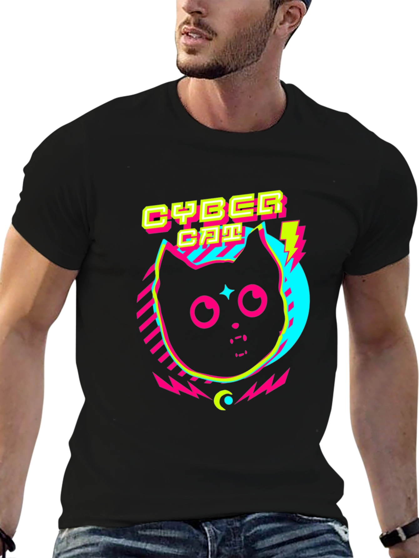 Cyber Cat Graphic T-Shirt - Retro 80s Style