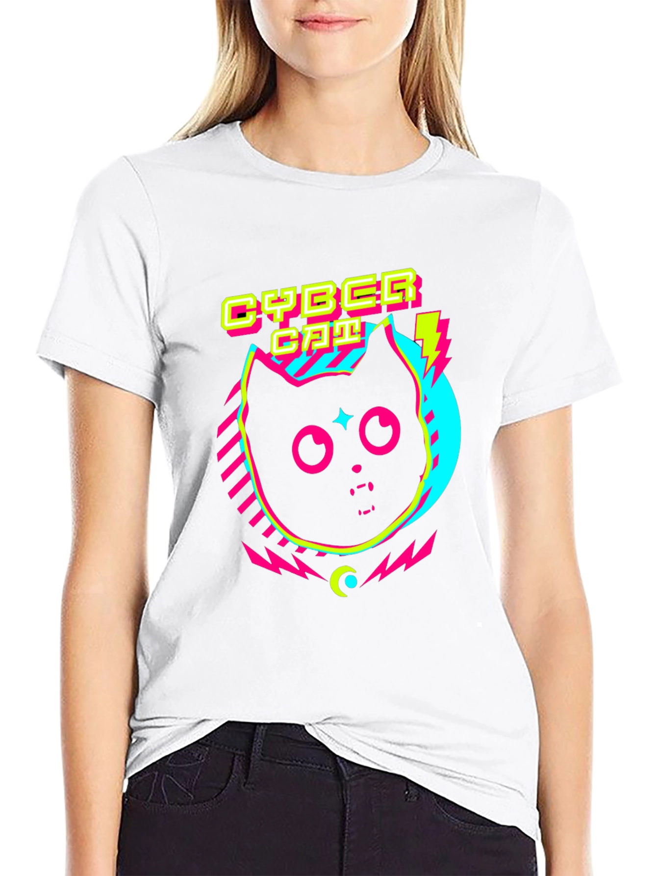 Cyber Cat Graphic T-Shirt - Retro 80s Style