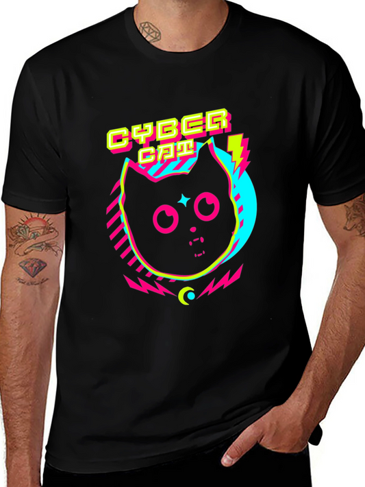 Cyber Cat Graphic T-Shirt - Retro 80s Style