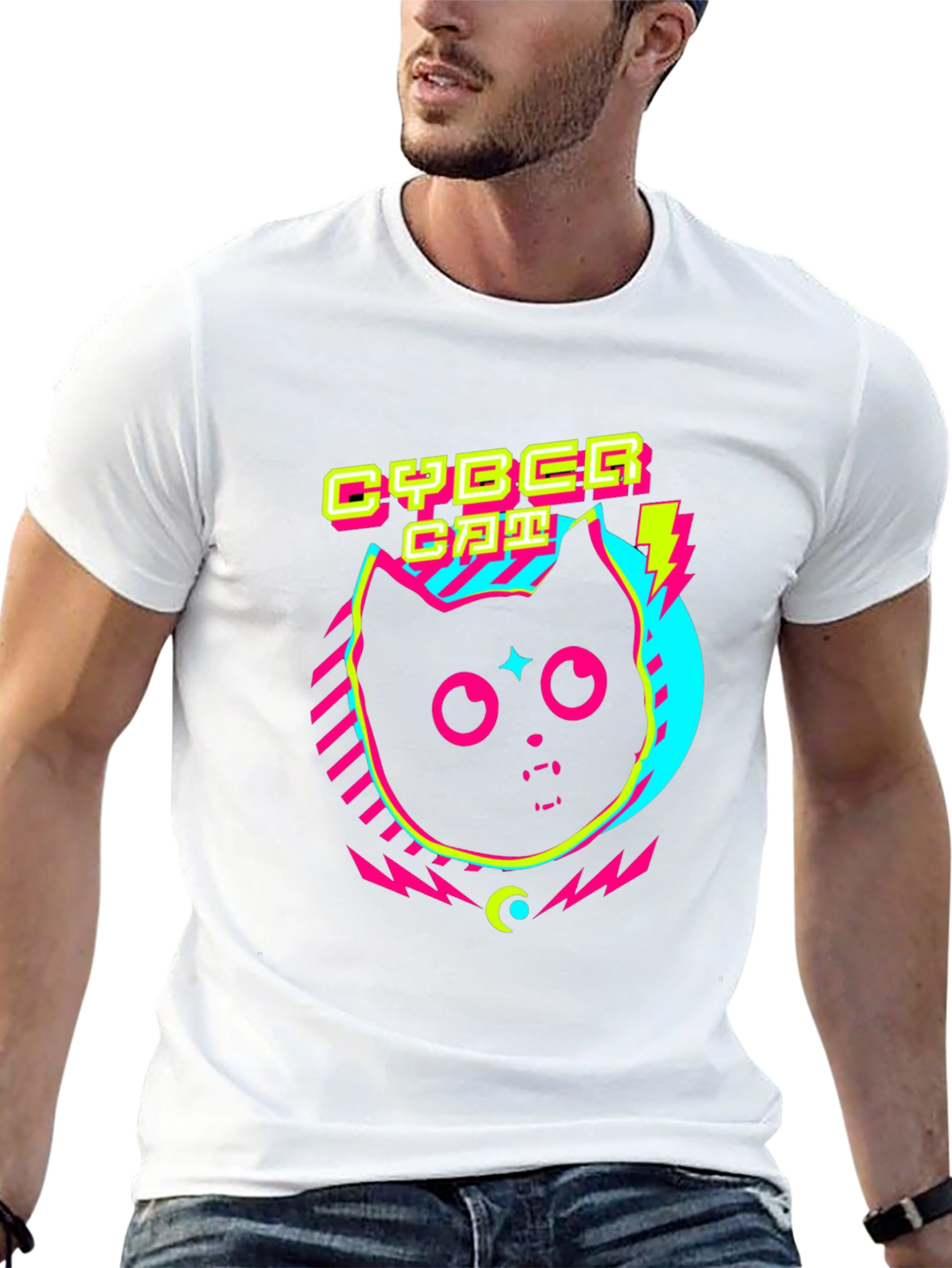 Cyber Cat Graphic T-Shirt - Retro 80s Style