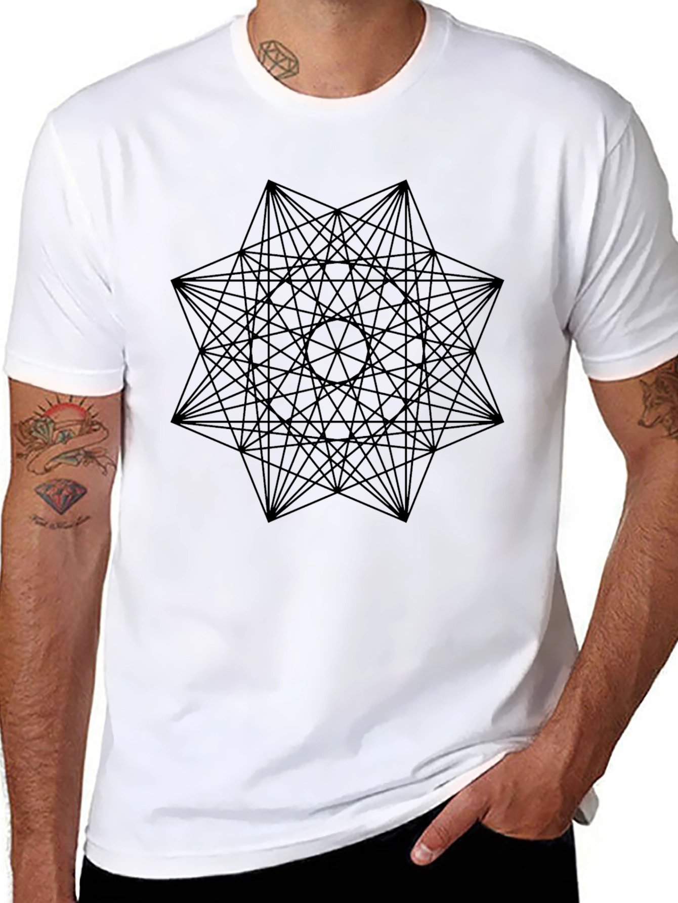 Geometric Starburst Graphic Tee - Black Cotton Casual T-Shirt