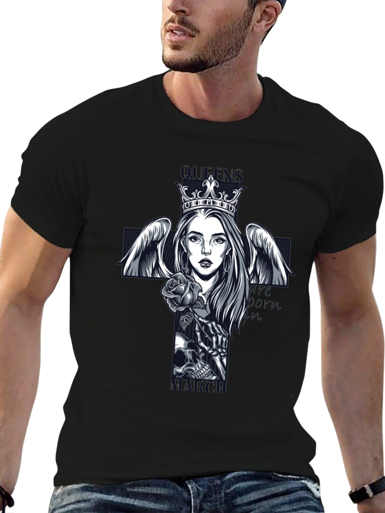 Queen Angel Skull Rose Graphic T-Shirt