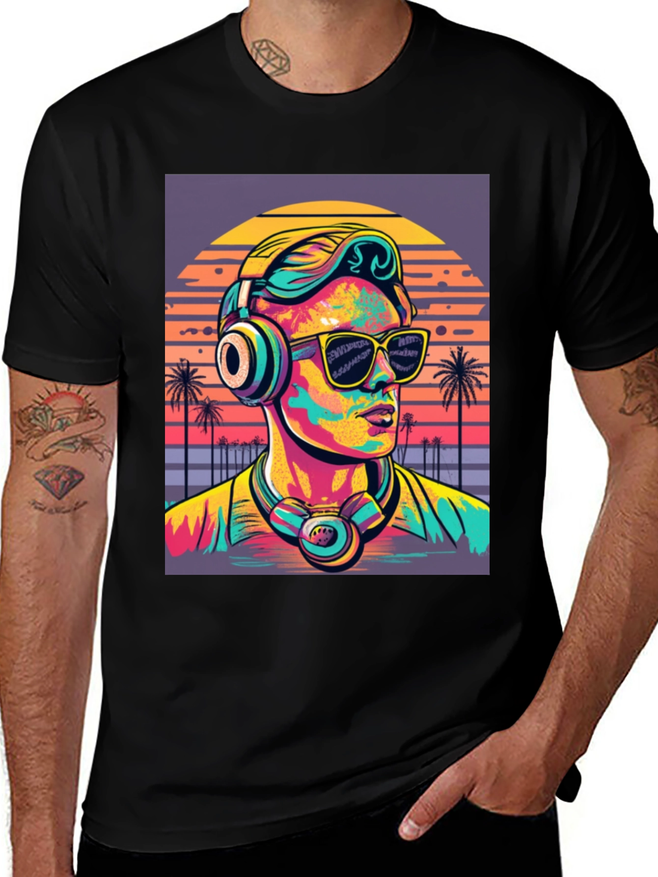 Retro Sunset DJ T-Shirt: Vibrant 80s Style