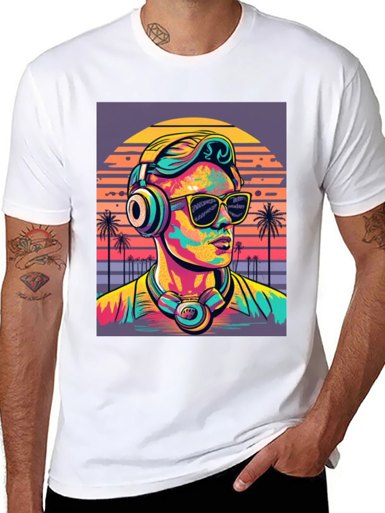 Retro Sunset DJ T-Shirt: Vibrant 80s Style