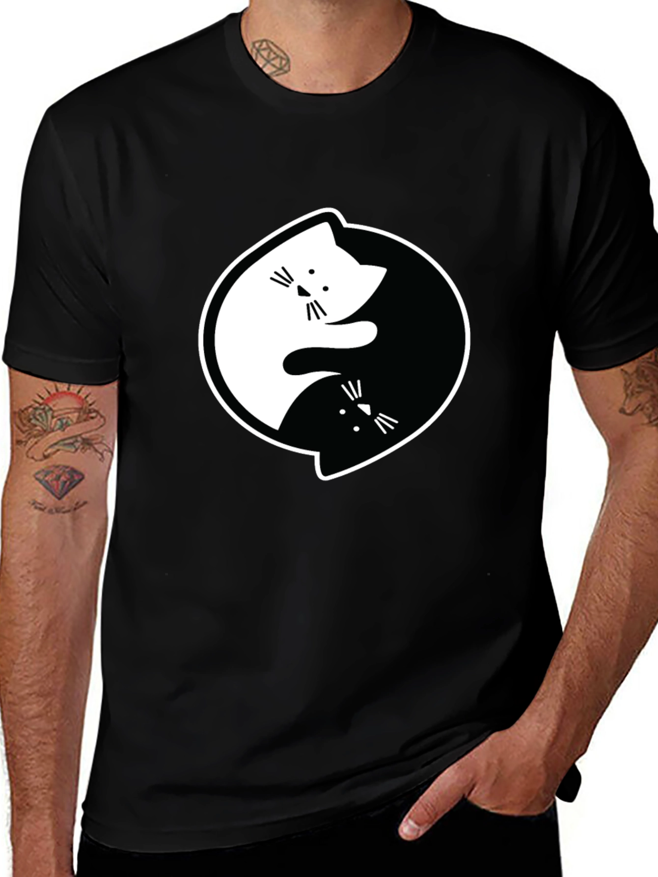 Yin Yang Cats Black Graphic T-Shirt