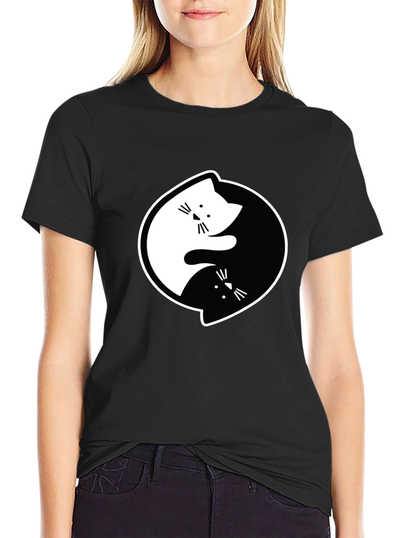 Yin Yang Cats Black Graphic T-Shirt