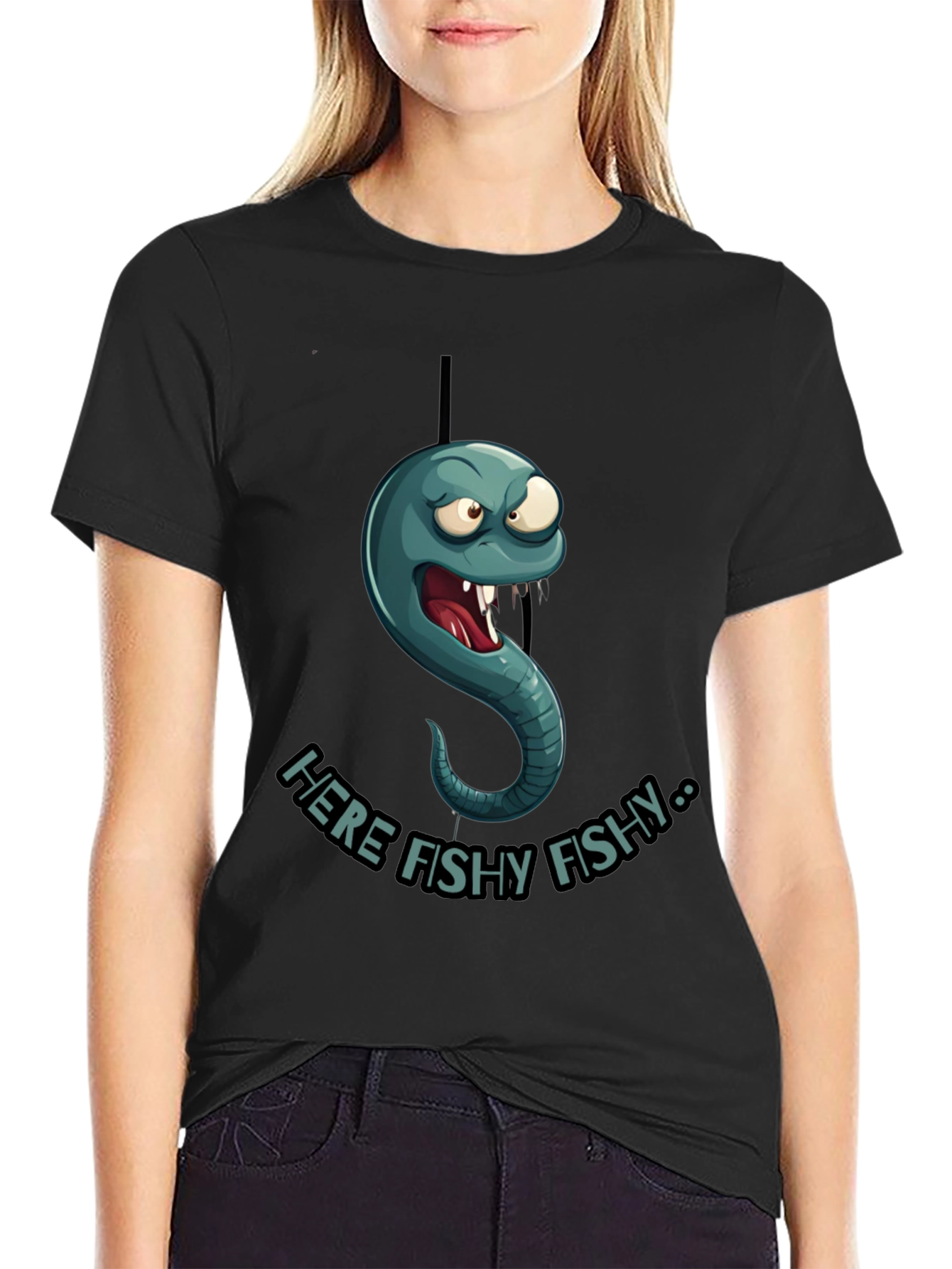 Here Fishy Fishy Worm Graphic T-Shirt