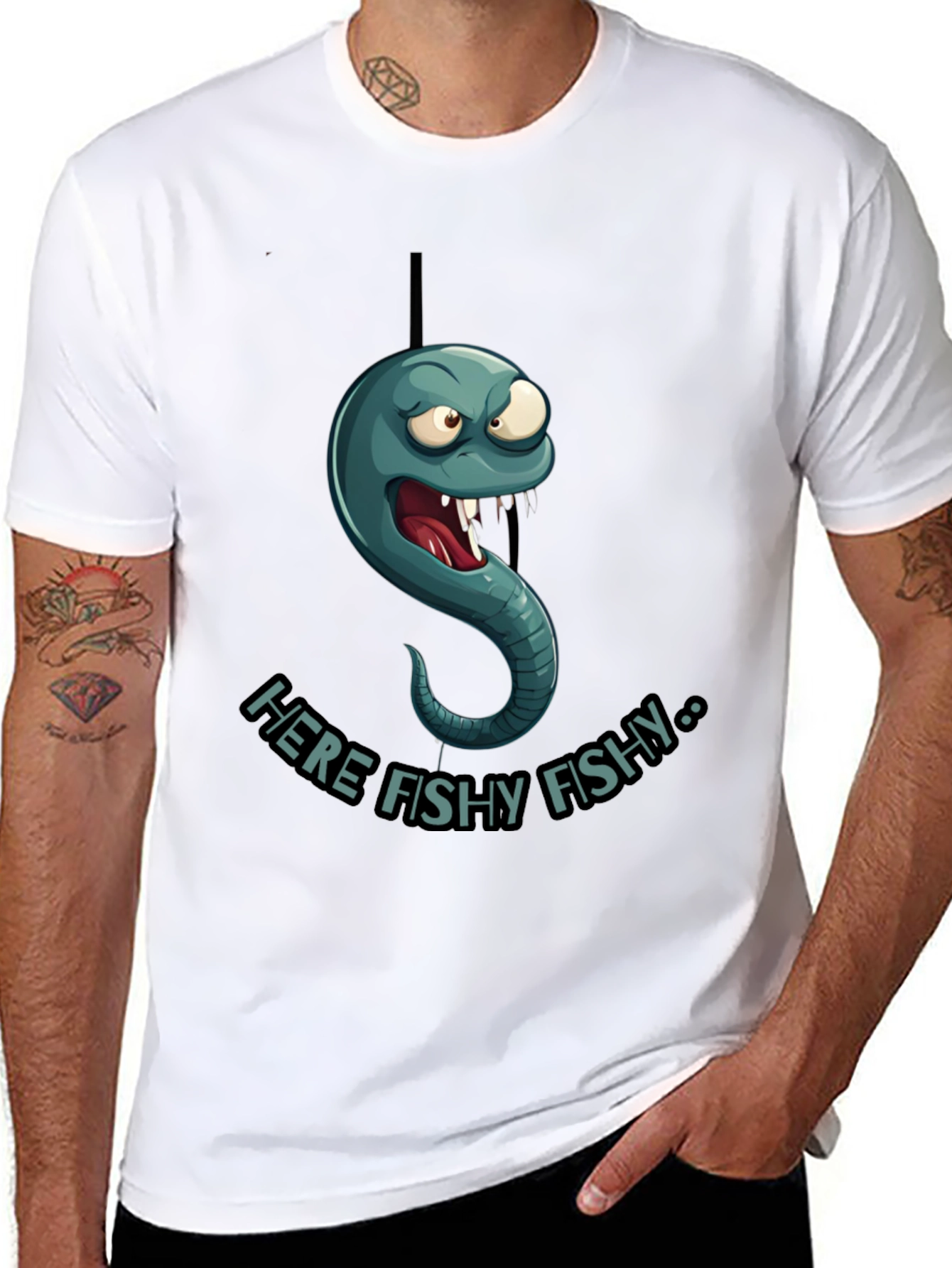 Here Fishy Fishy Worm Graphic T-Shirt