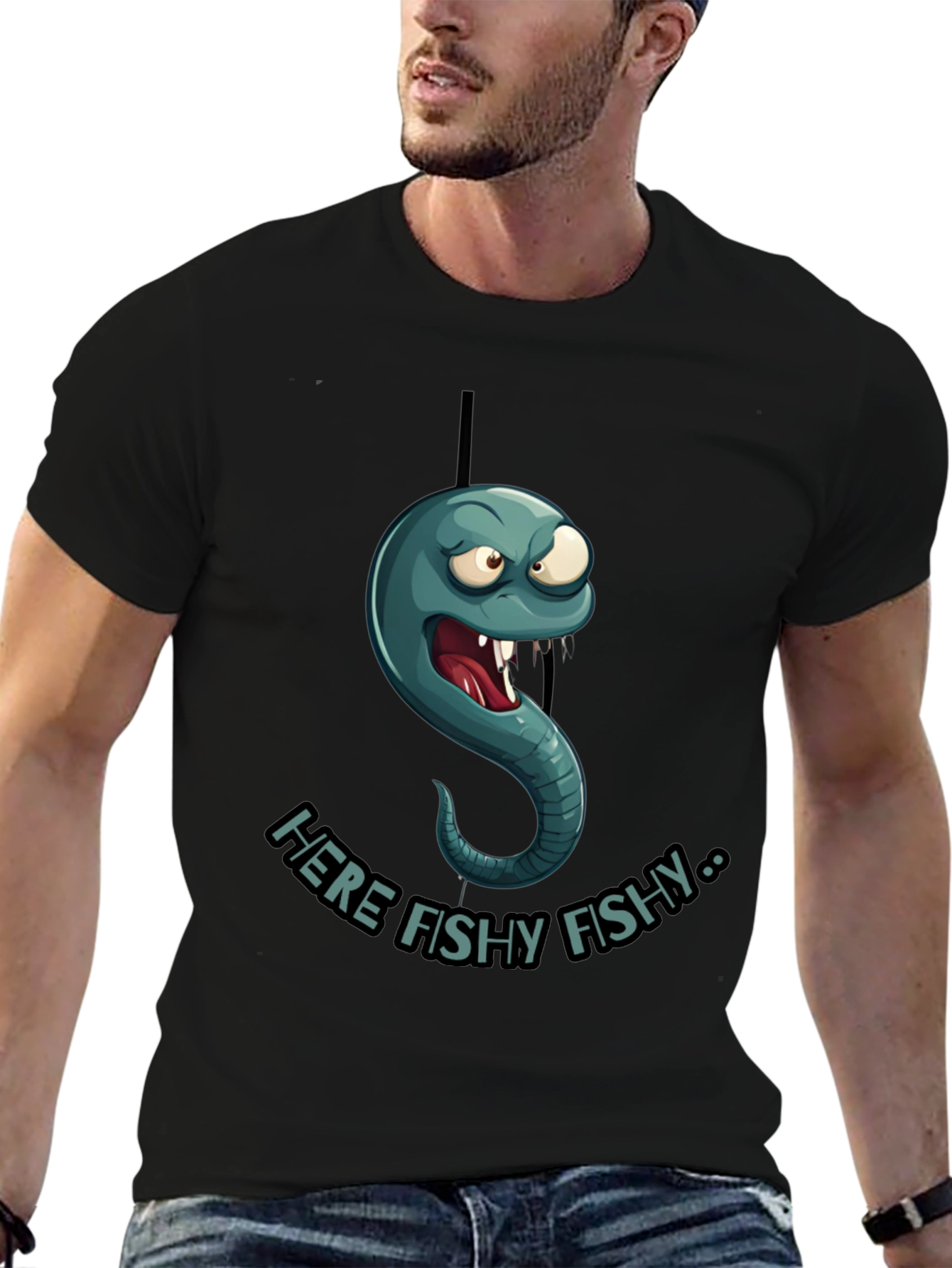 Here Fishy Fishy Worm Graphic T-Shirt