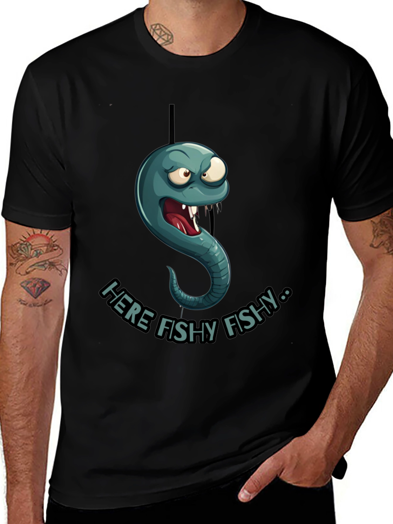 Here Fishy Fishy Worm Graphic T-Shirt