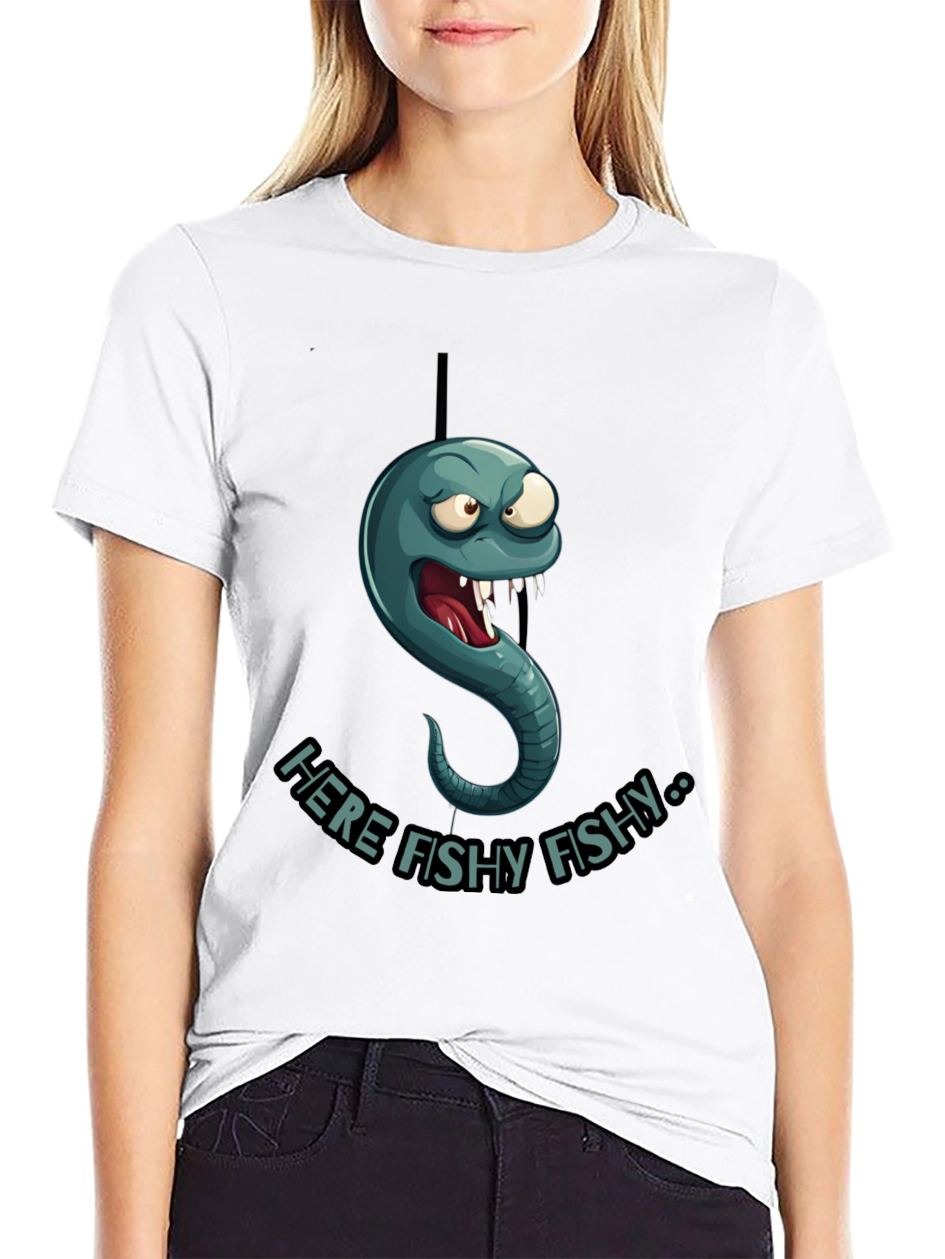 Here Fishy Fishy Worm Graphic T-Shirt