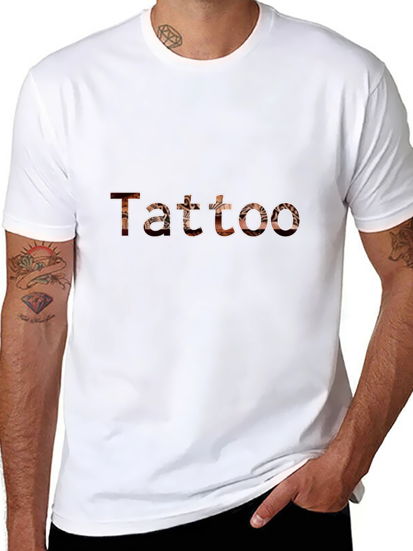 Tattoo Print Crew Neck Short Sleeve Black T-Shirt