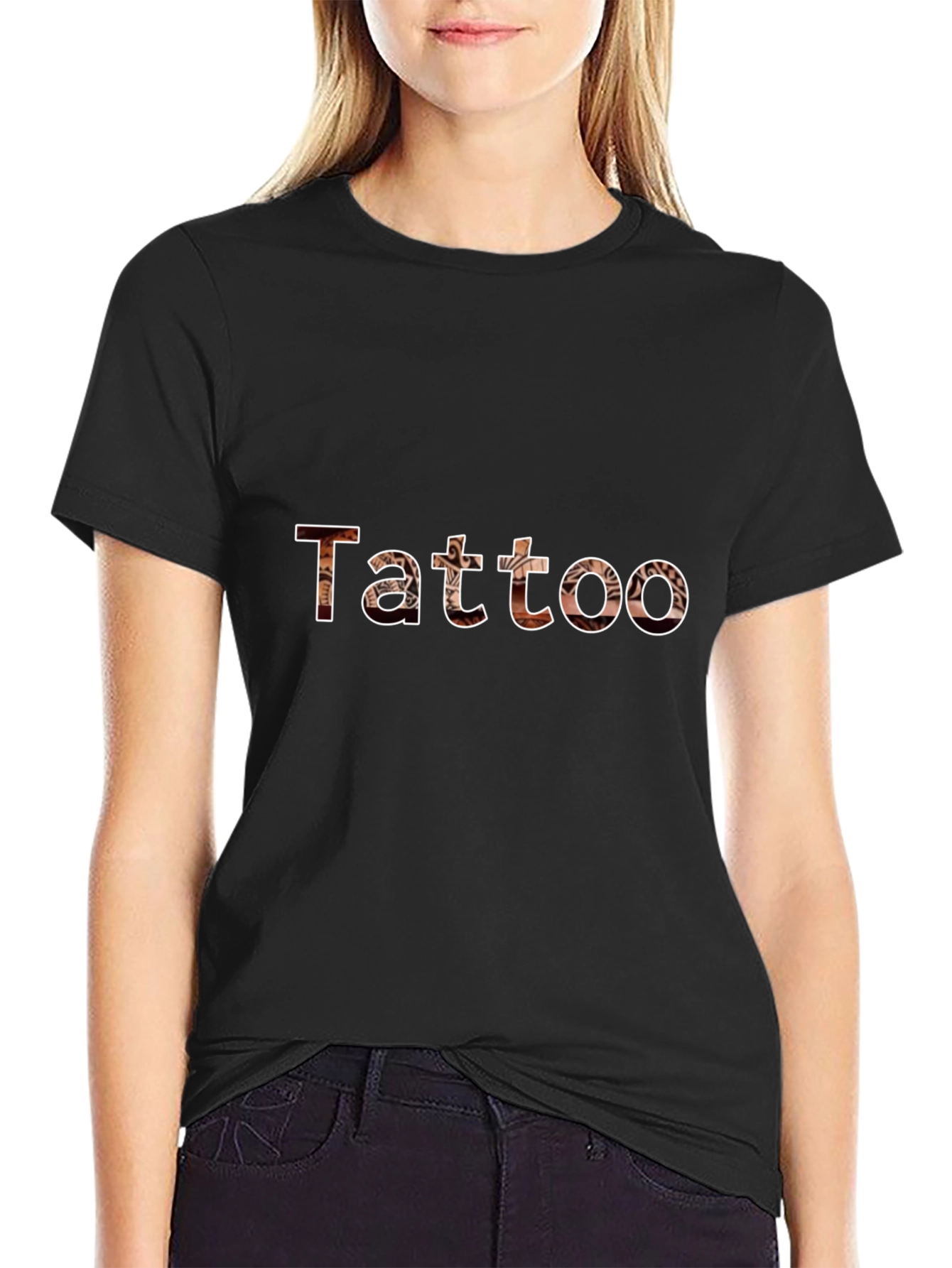 Tattoo Print Crew Neck Short Sleeve Black T-Shirt