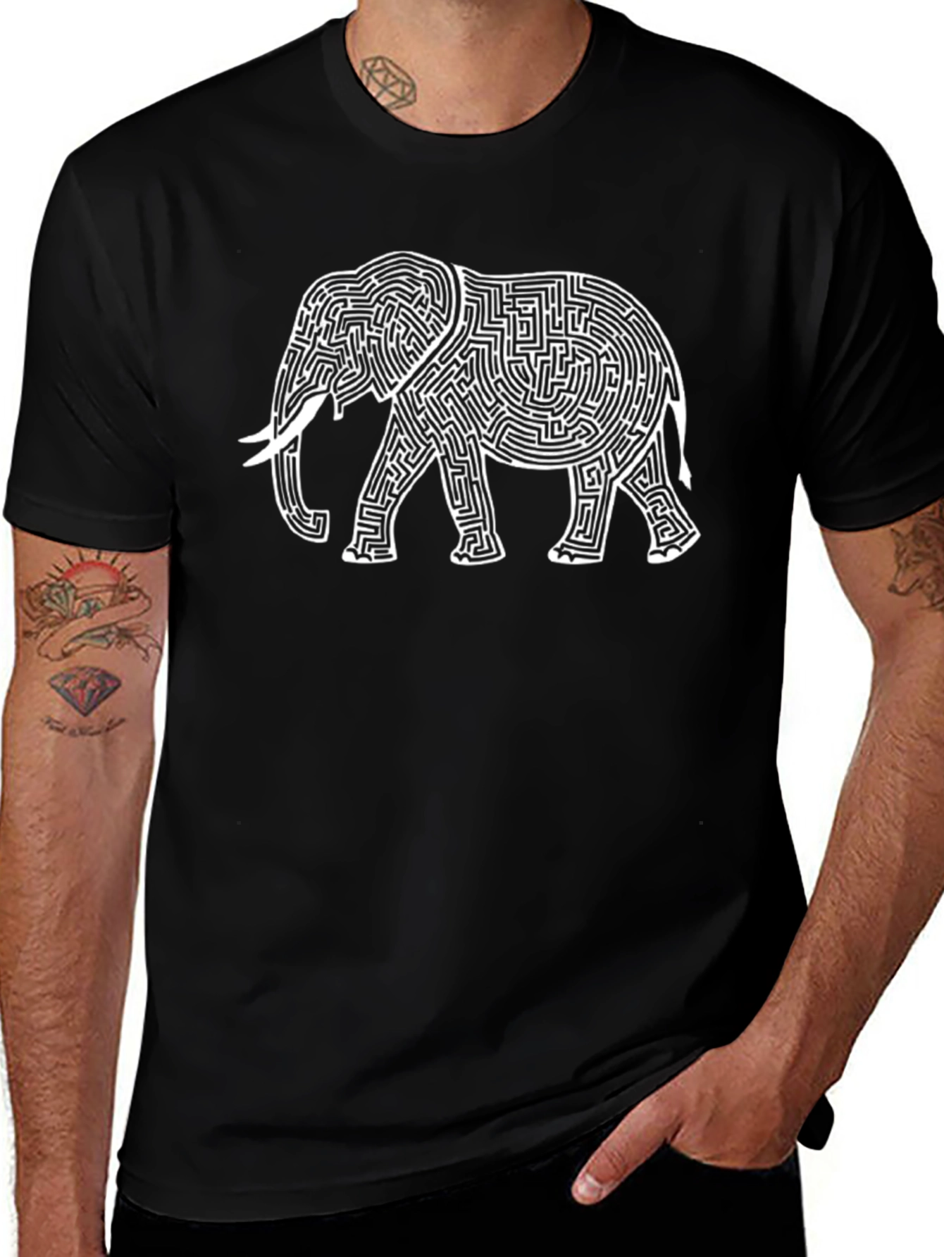 Elephant Maze Graphic Tee - Black Cotton Blend