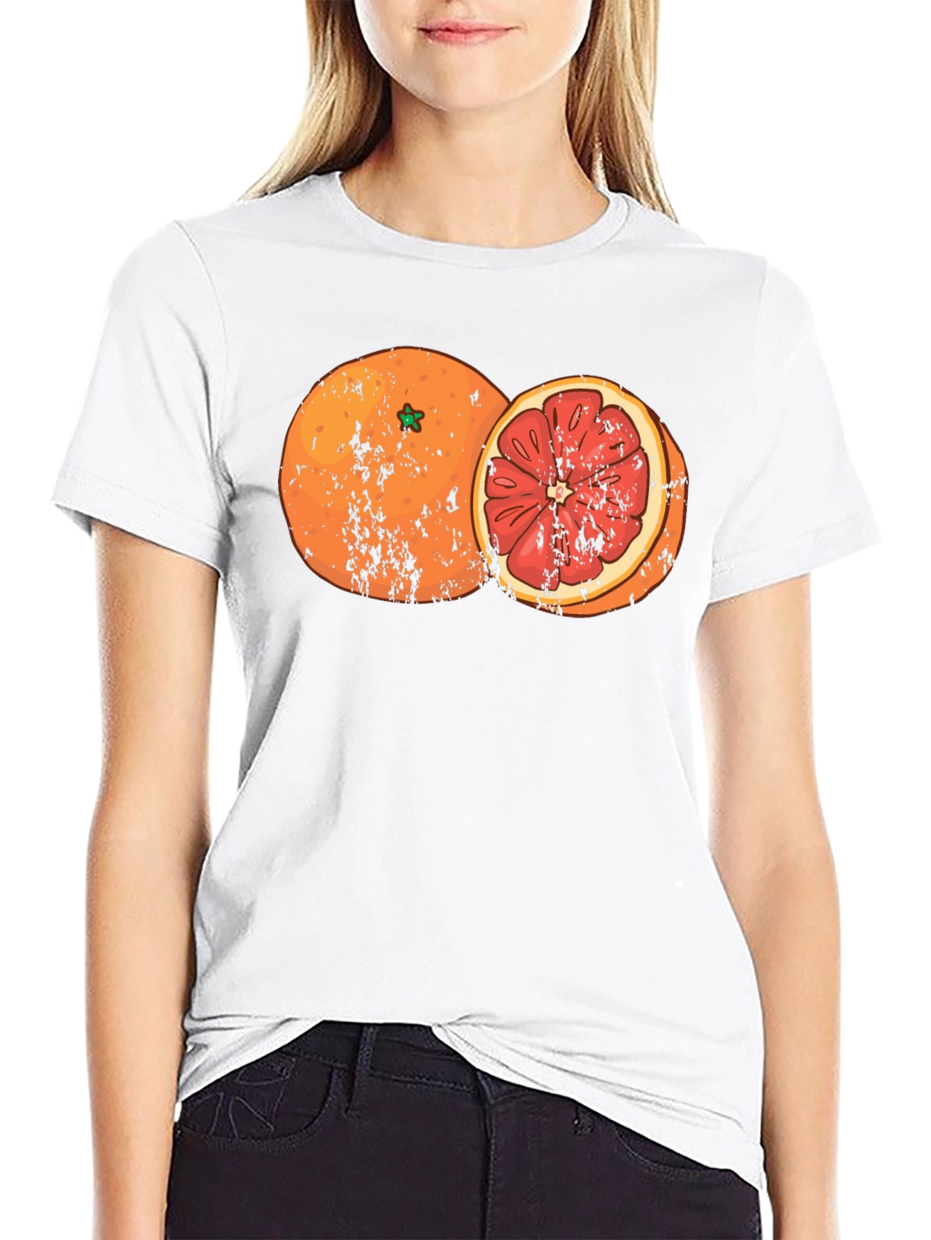 Distressed Orange Graphic Tee - Fruit Design Shirt