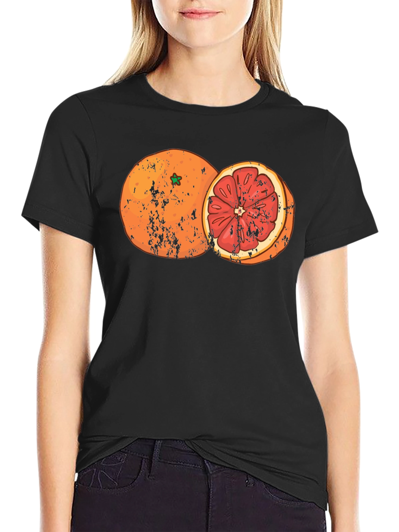 Distressed Orange Graphic Tee - Fruit Design Shirt