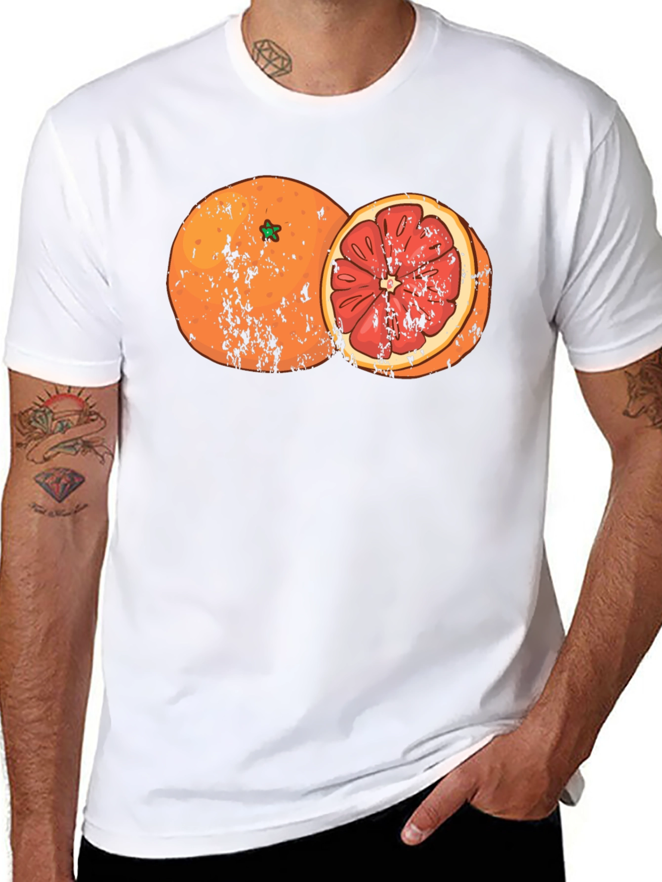 Distressed Orange Graphic Tee - Fruit Design Shirt