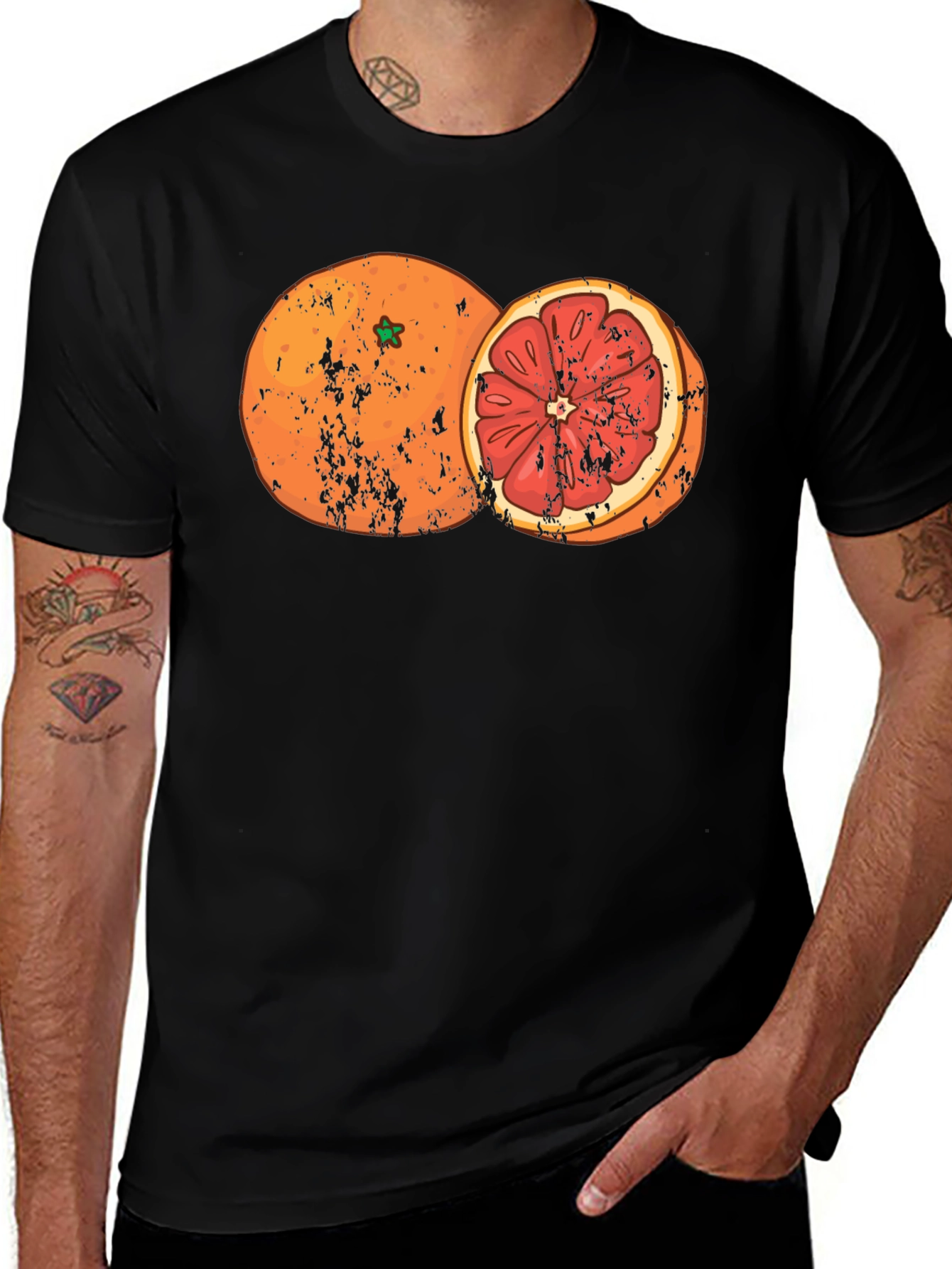 Distressed Orange Graphic Tee - Fruit Design Shirt