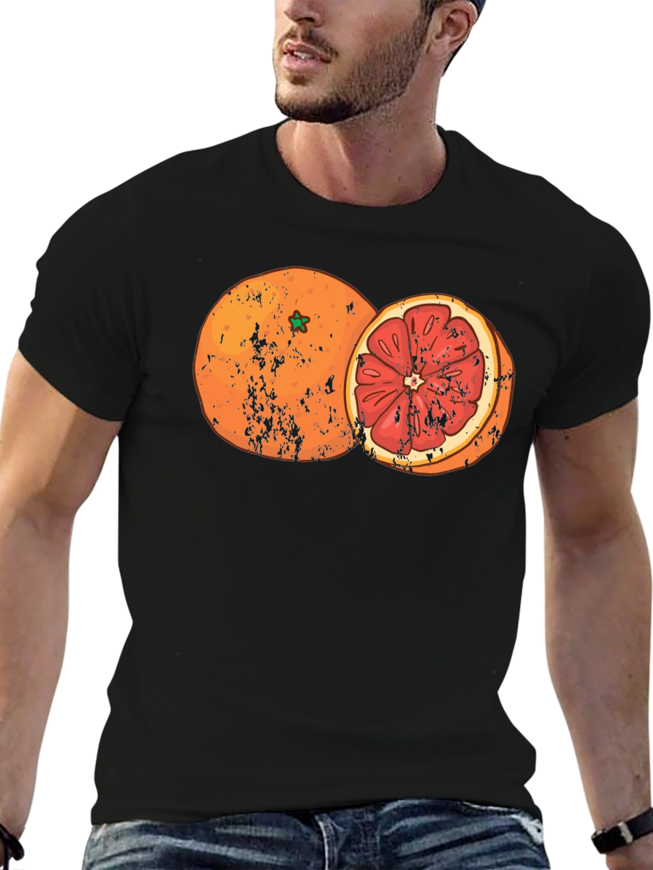 Distressed Orange Graphic Tee - Fruit Design Shirt