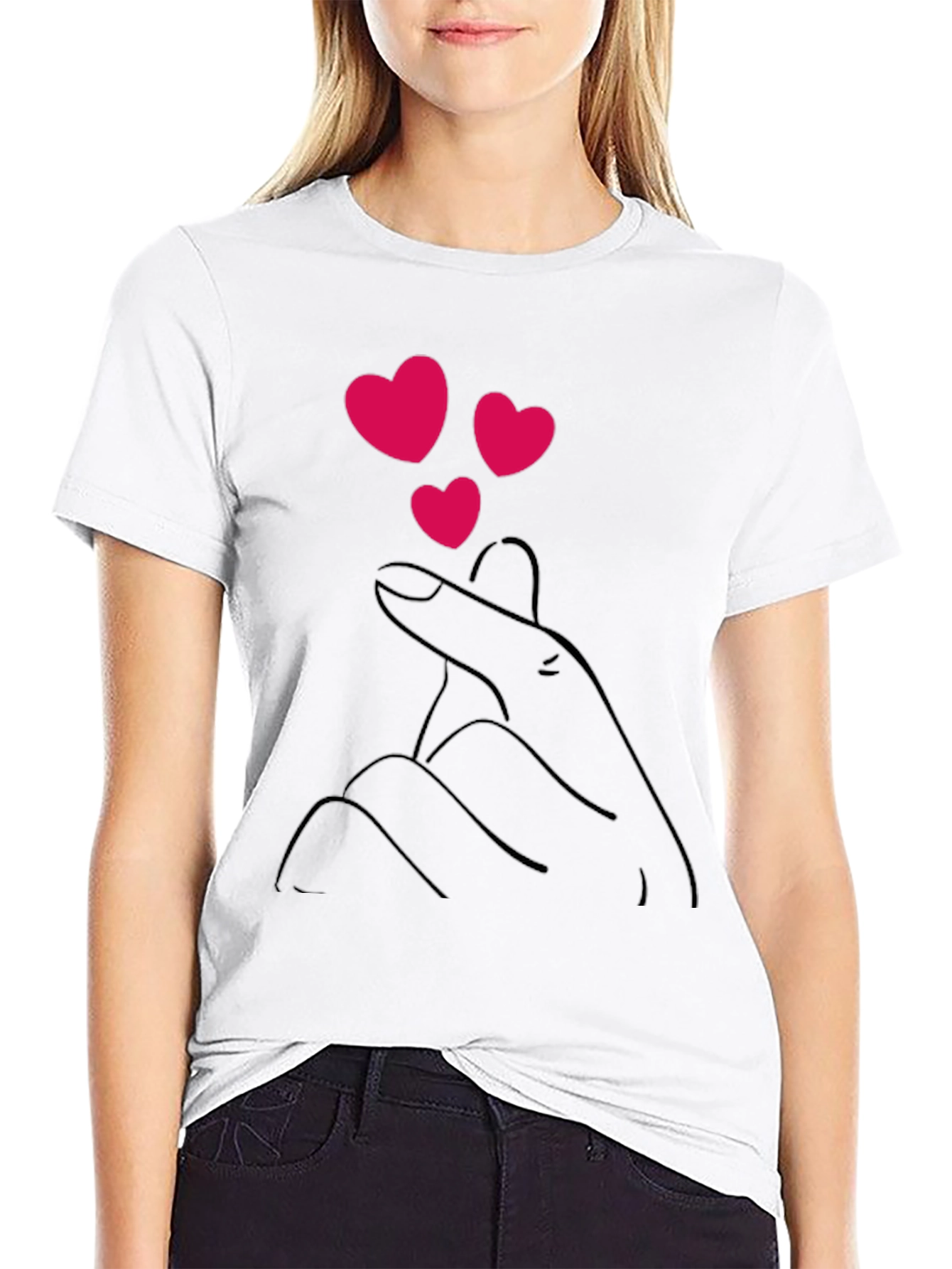 Black T-Shirt with Heart Finger Design