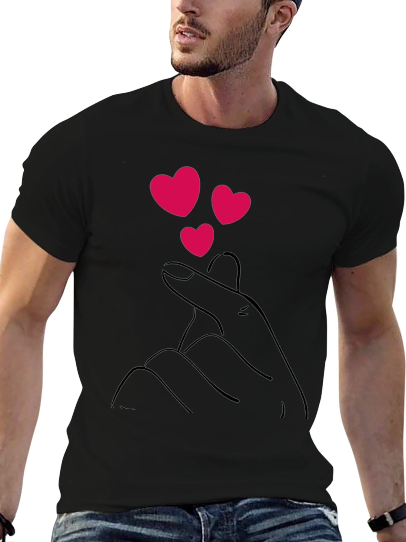 Black T-Shirt with Heart Finger Design