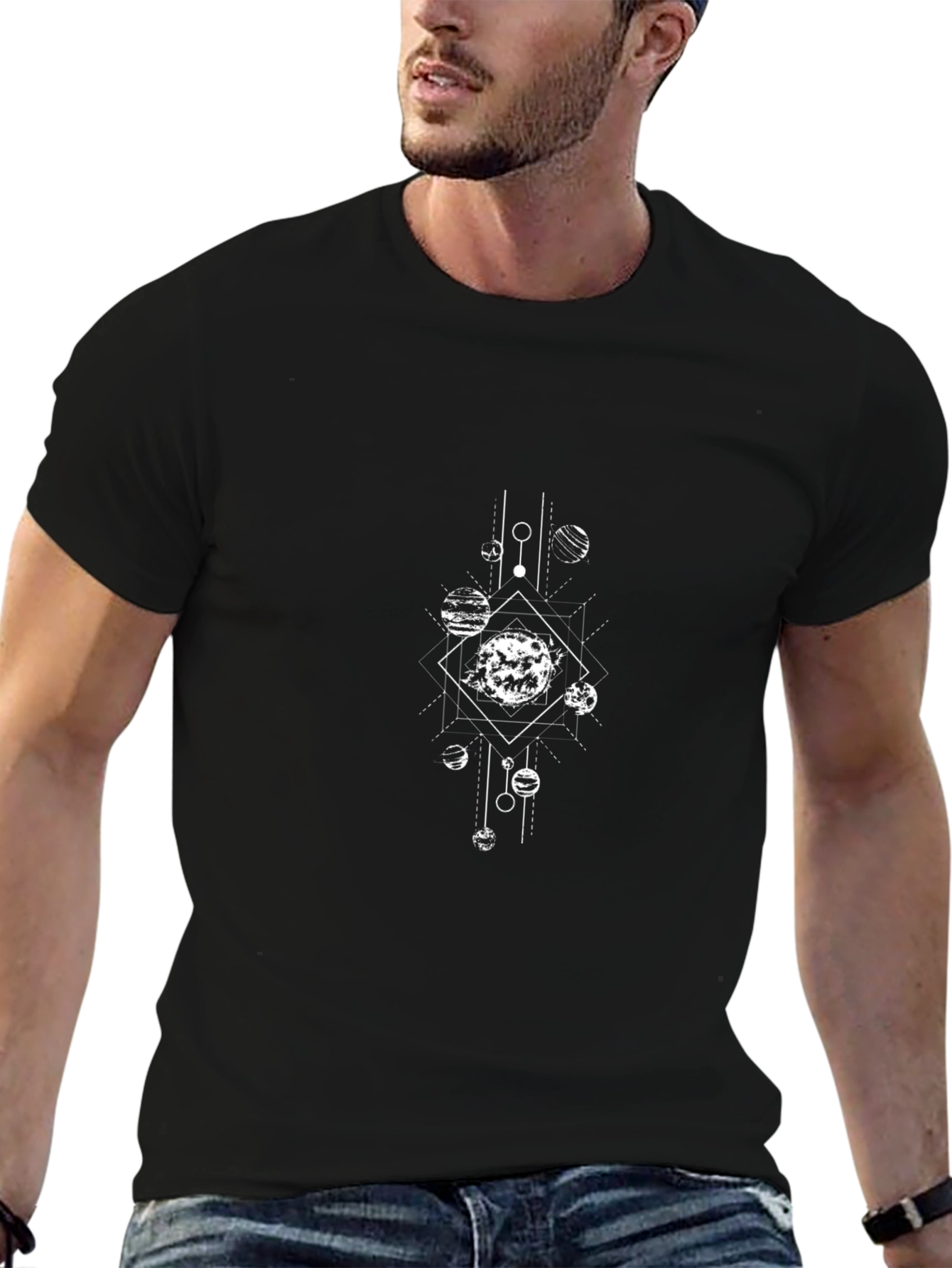 Geometric Planets Black T-Shirt - Stylish Celestial Design
