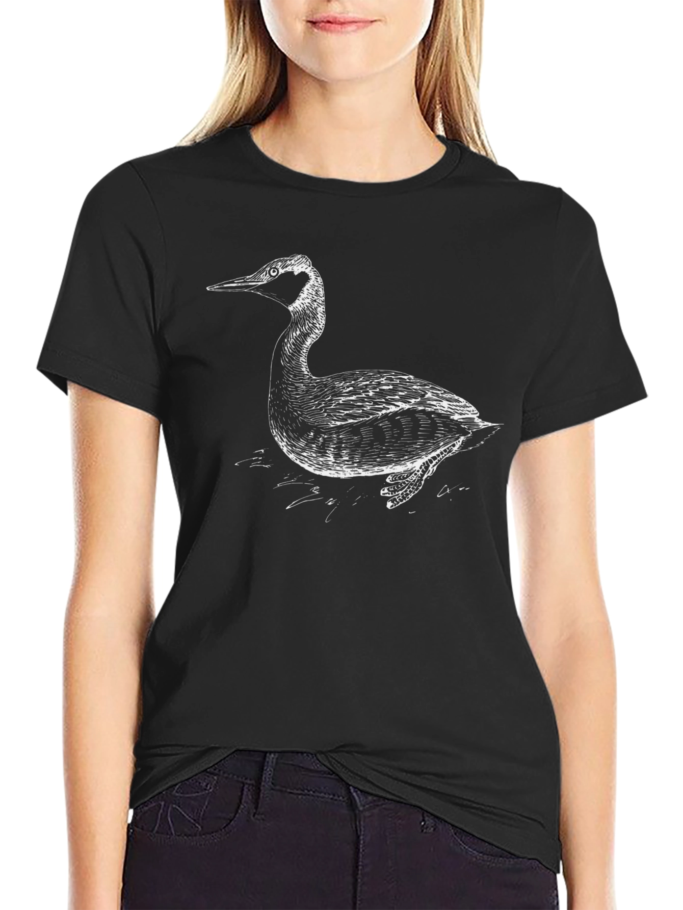 Black T-Shirt with Artistic Grebe Bird Print
