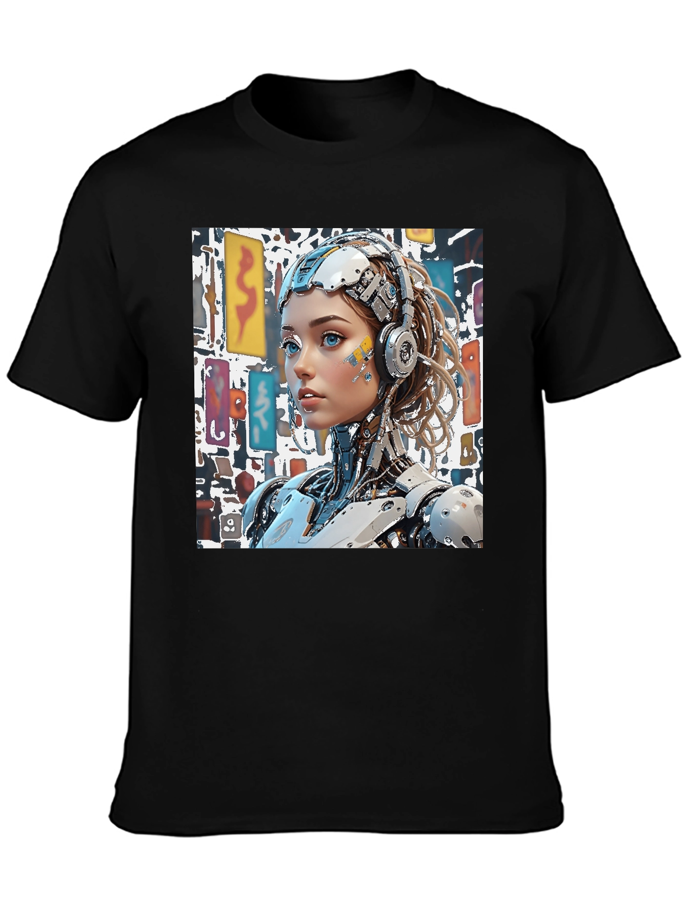 Cyberpunk Robot Girl Graphic Black T-Shirt