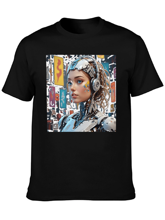 Cyberpunk Robot Girl Graphic Black T-Shirt
