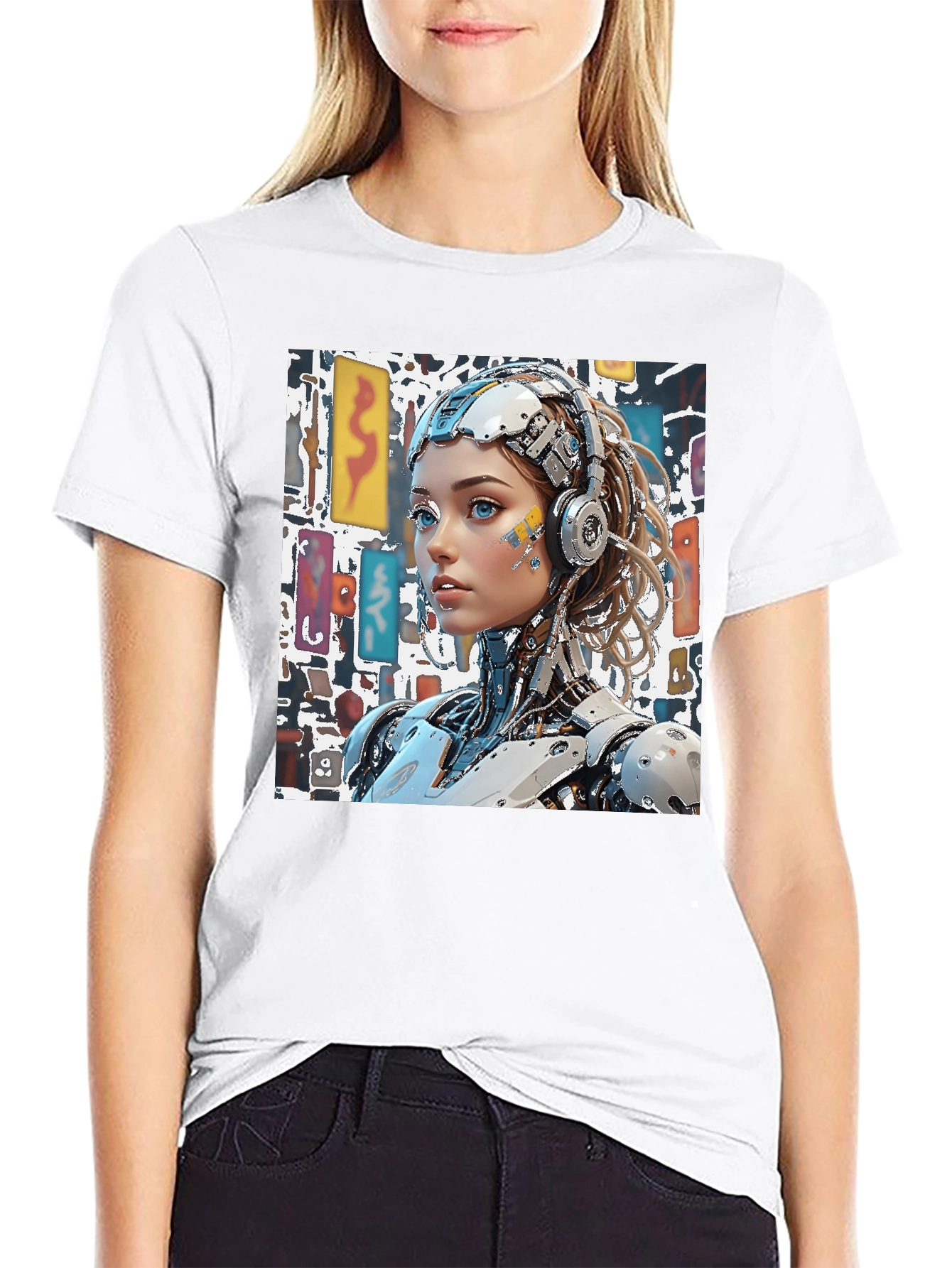 Cyberpunk Robot Girl Graphic Black T-Shirt