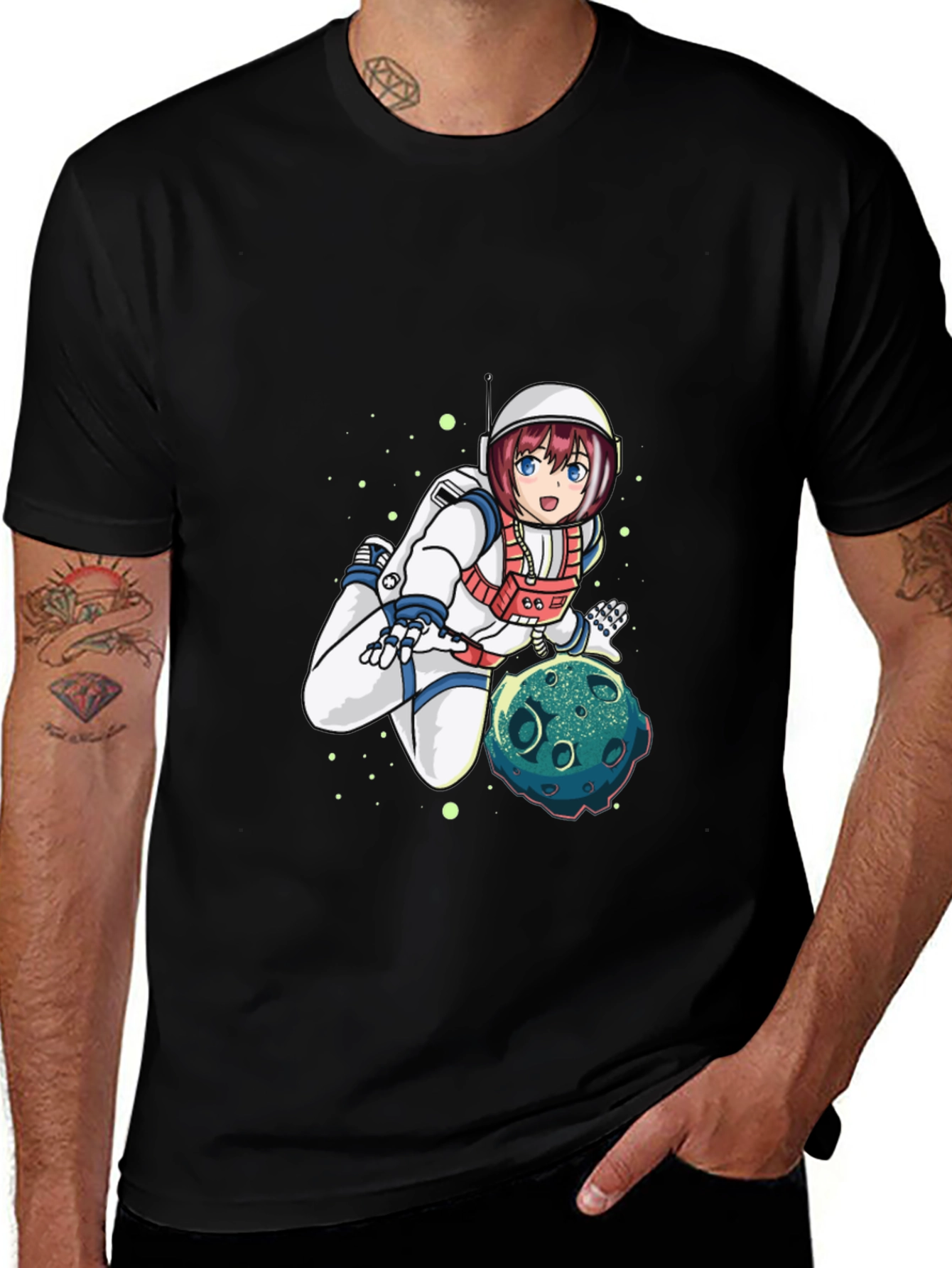 Astronaut Anime Graphic Tee - Black Cotton T-Shirt