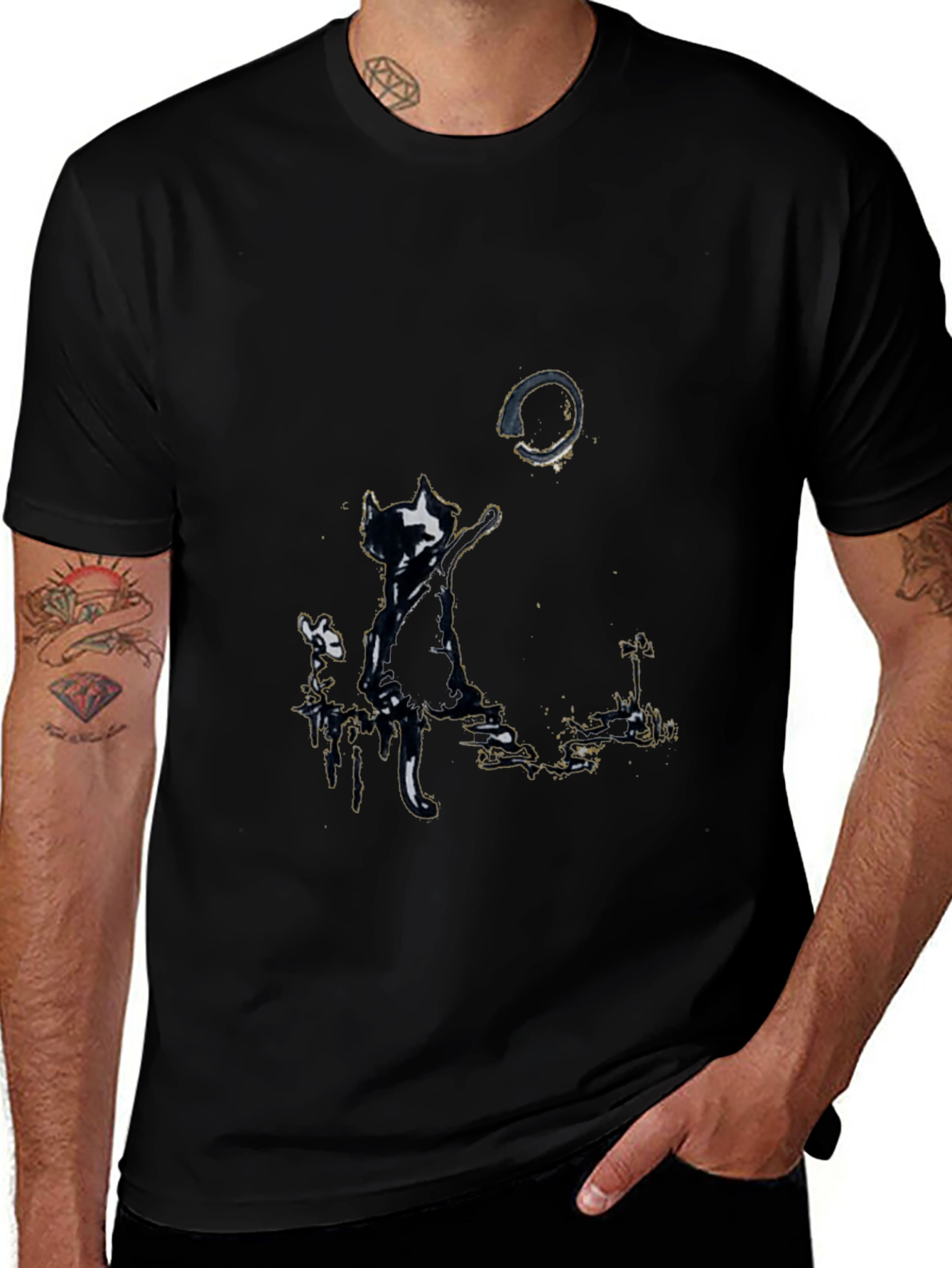 Whimsical Cat Print Tee - Black Graphic T-Shirt