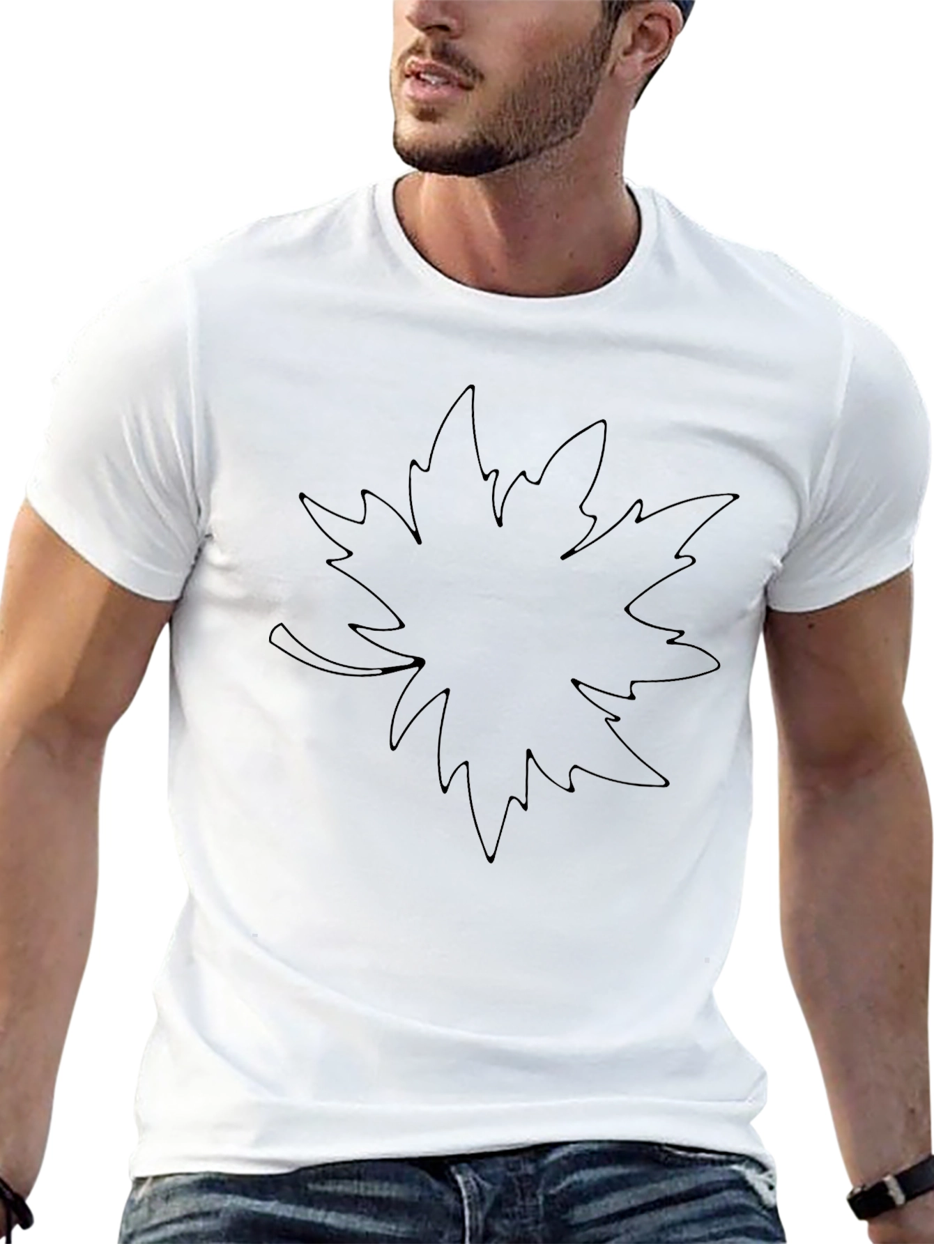 Black Graphic Tee - Leaf Outline Design Casual Style