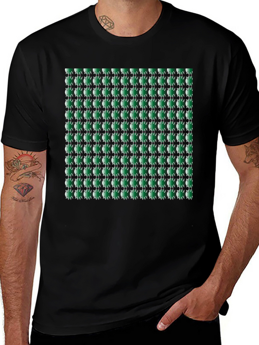 Green Geometric Patterned Mens Black T-Shirt