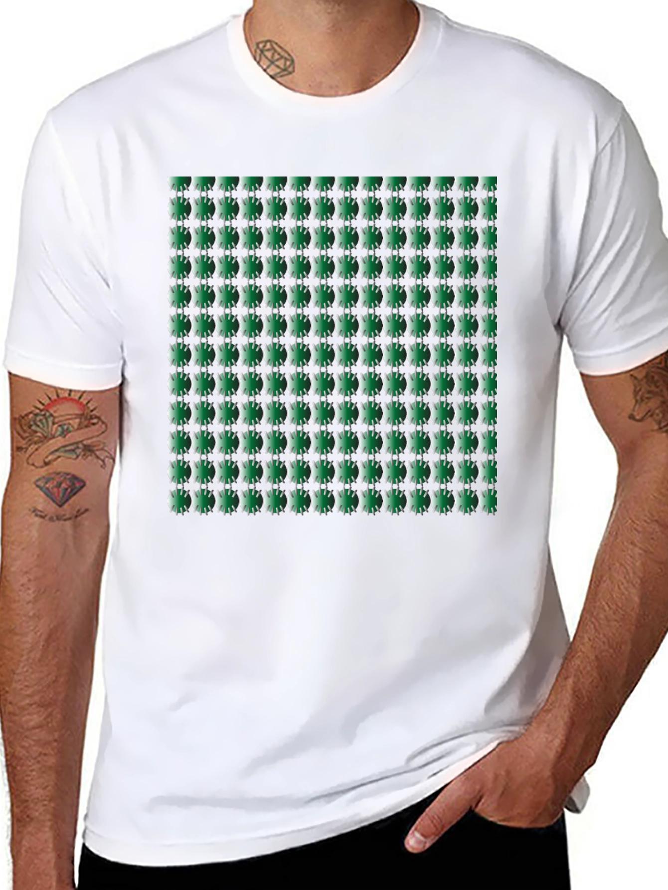 Green Geometric Patterned Mens Black T-Shirt
