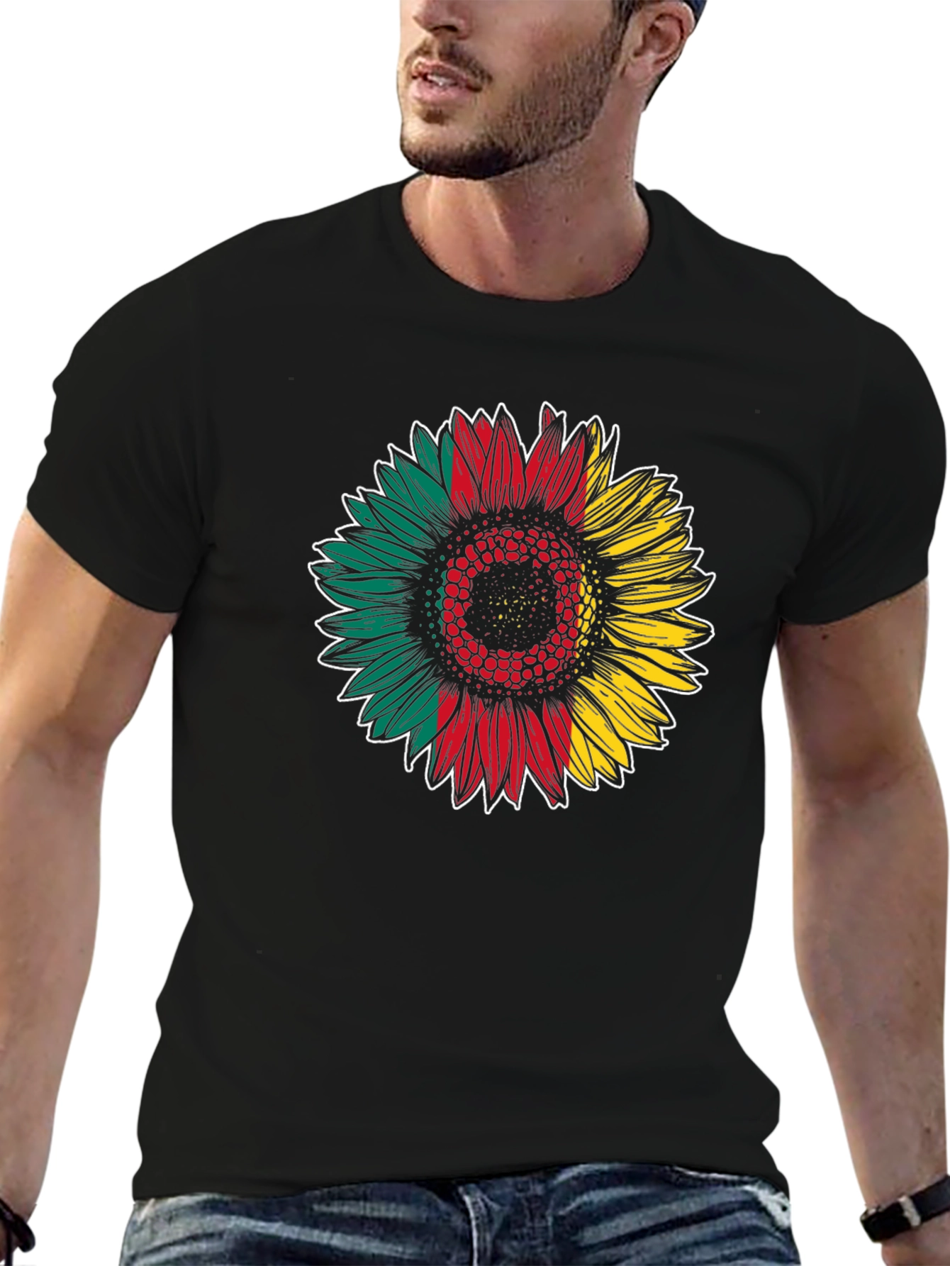 Rasta Sunflower Graphic Tee - Black Cotton Blend Shirt