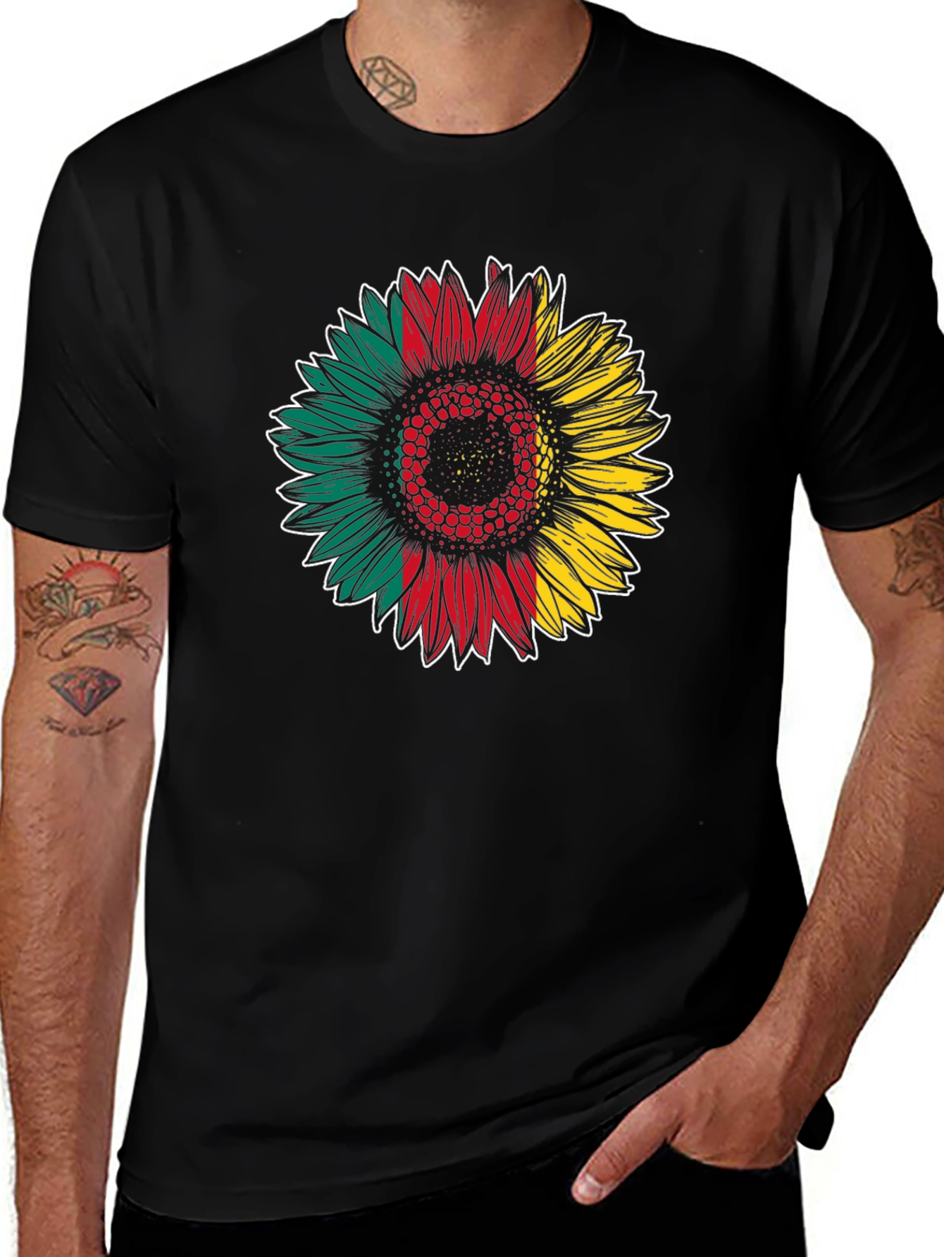 Rasta Sunflower Graphic Tee - Black Cotton Blend Shirt