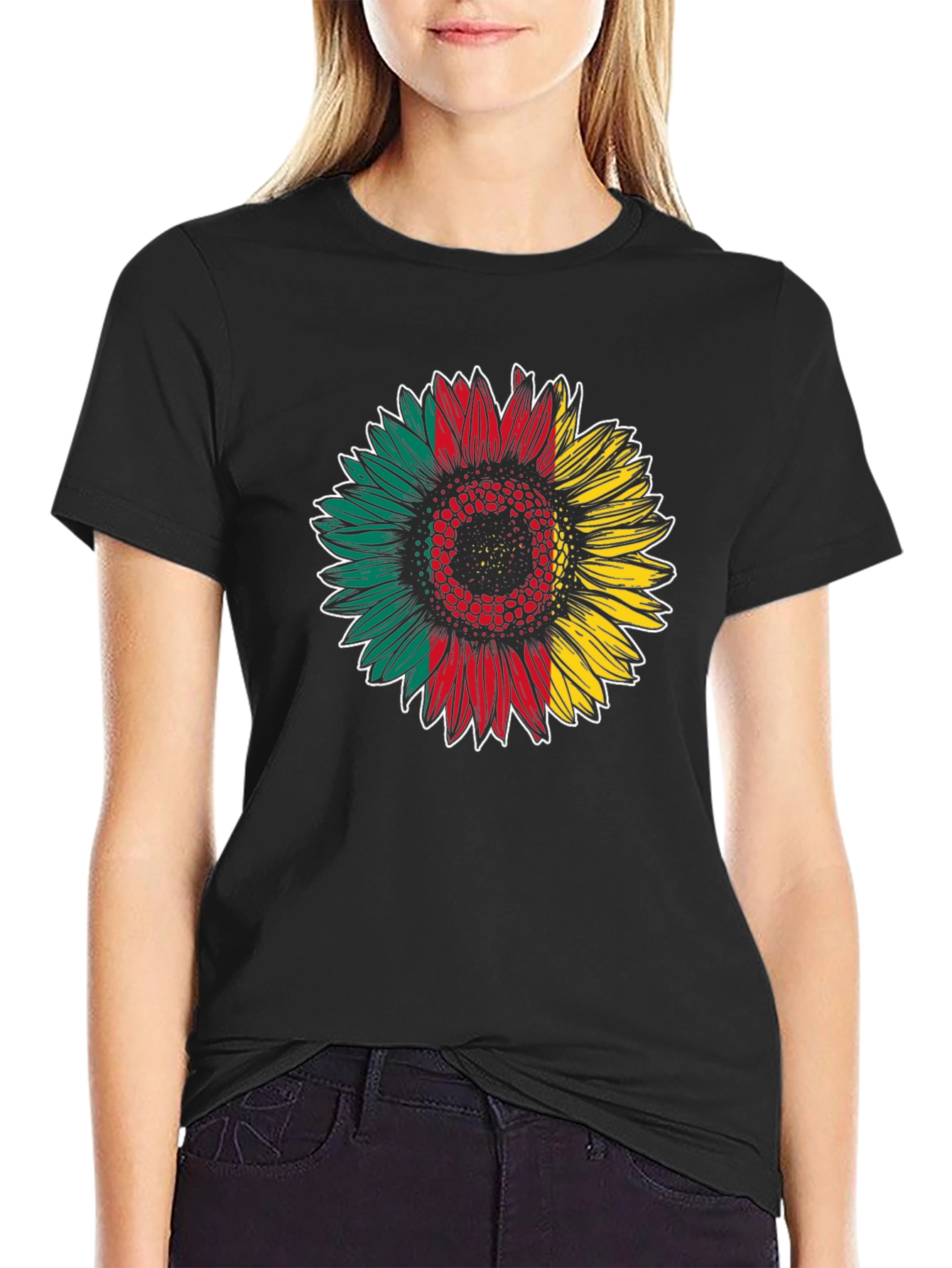 Rasta Sunflower Graphic Tee - Black Cotton Blend Shirt