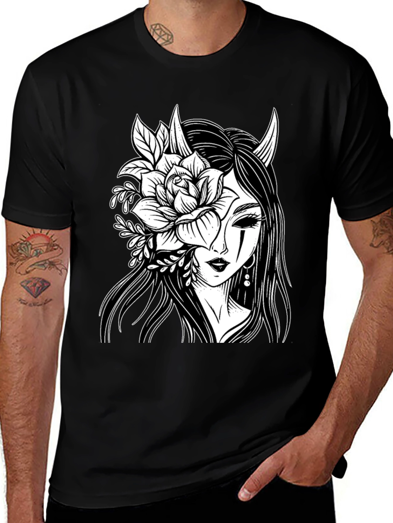 Floral Demon Graphic T-Shirt - Black
