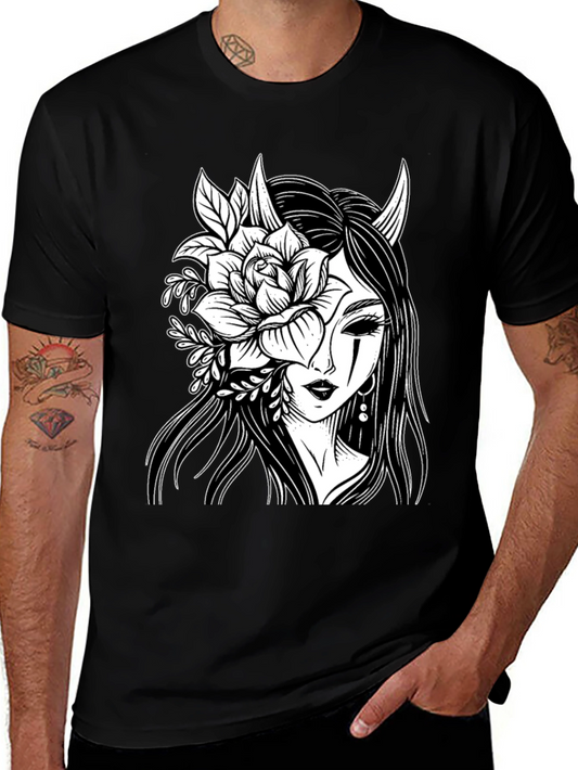 Floral Demon Graphic T-Shirt - Black